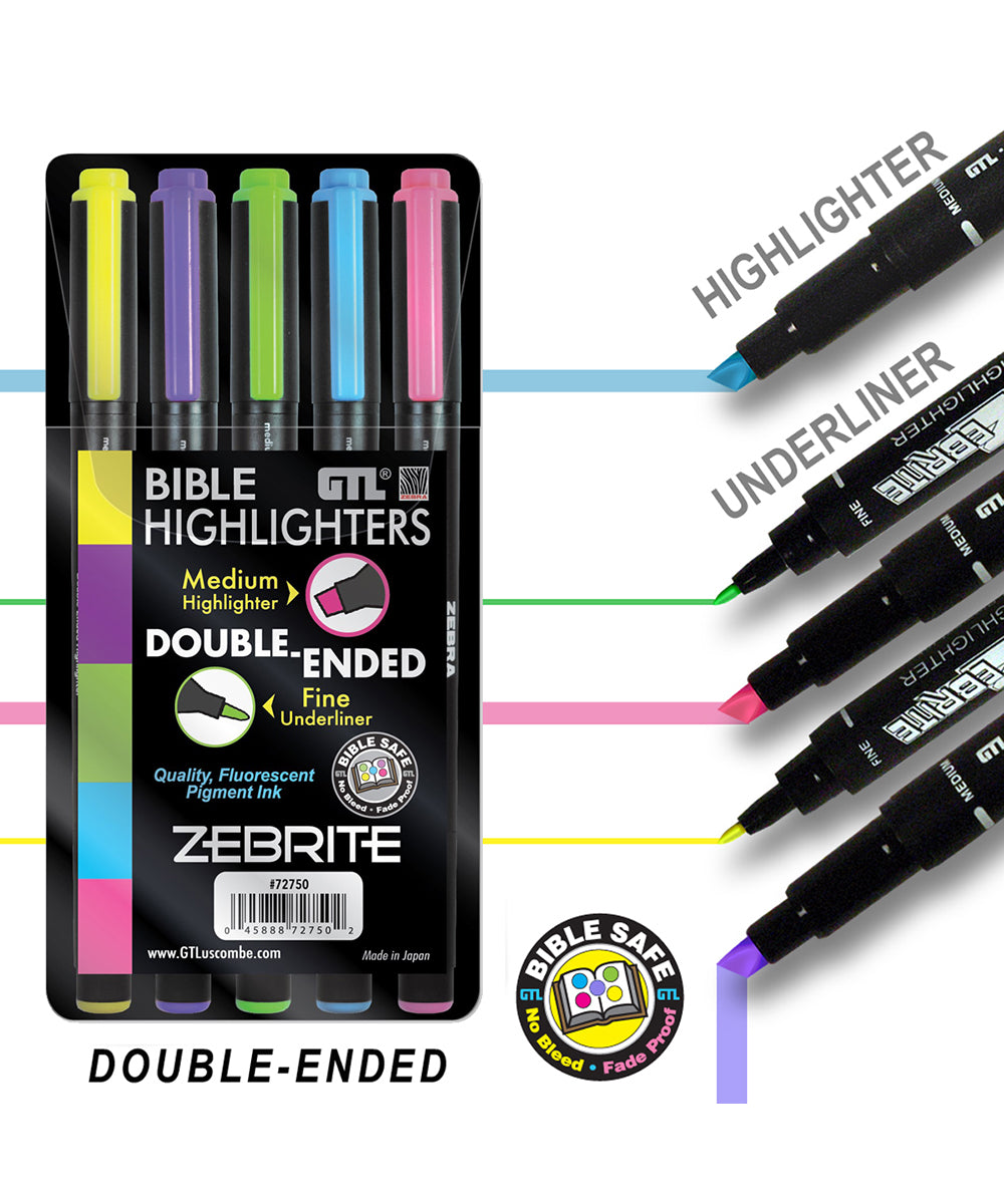 Zebrite Wet Double Ended Bible Highlighter Set of 5, Caution Might Bleed Through