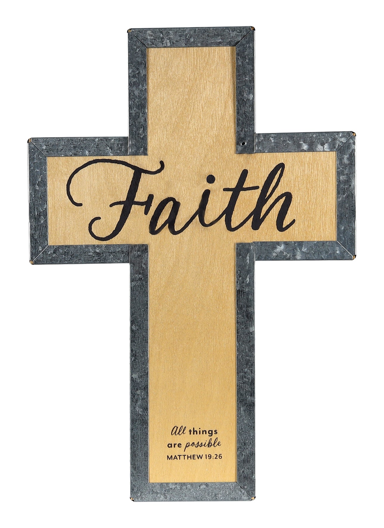 Wood Metal Wrap Cross: Faith (Matthew 19:26)