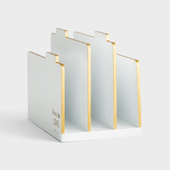 Wood Folder Holder : Live in Love, White With Gold Accents, 3 Slots (Mdf) (Candace Collection)