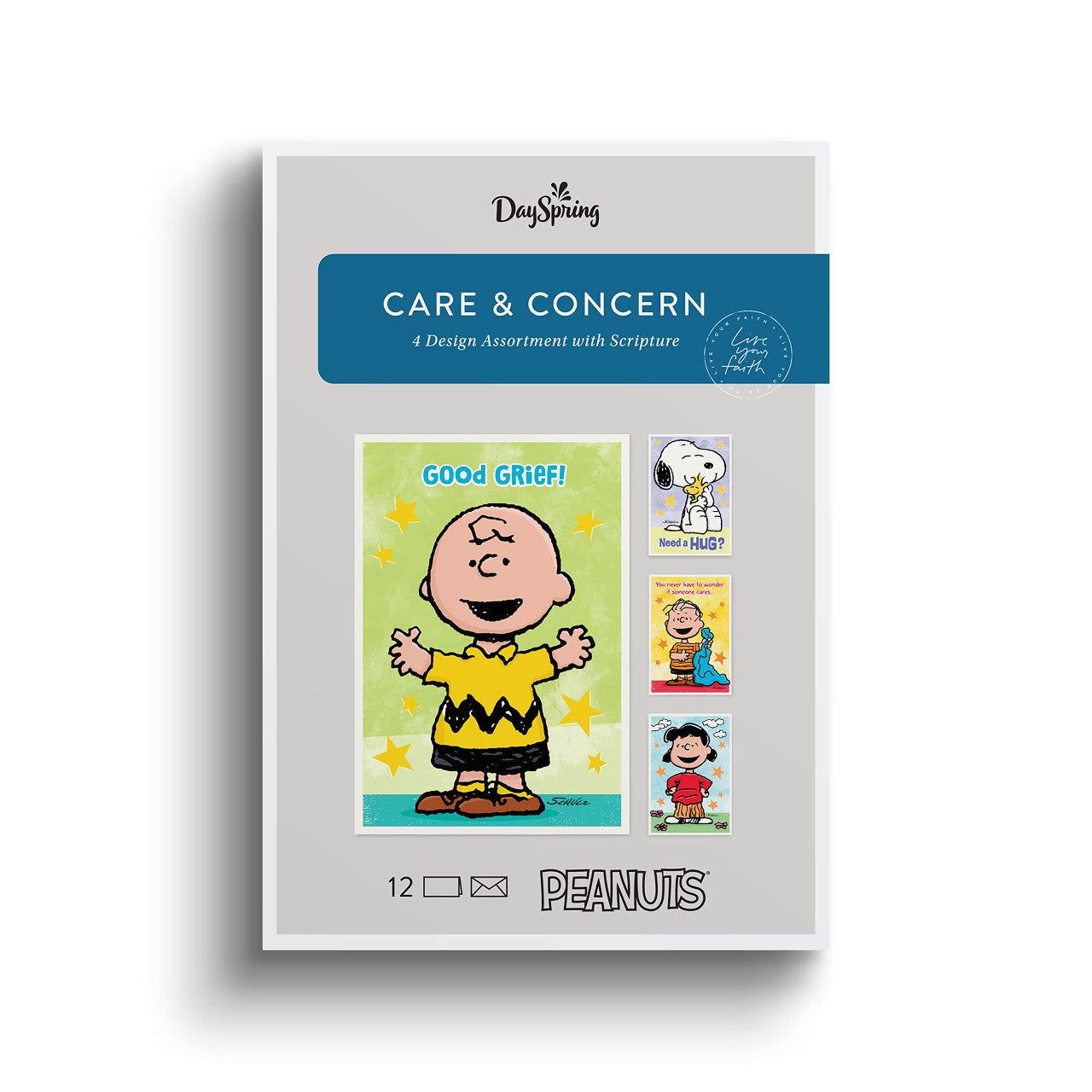 Boxed Cards Care & Concern: Peanuts, NLT (3 each of 4 designs, 12 white envelopes)