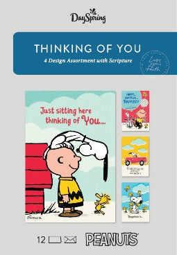 Boxed Cards: Thinking of You, Peanuts (3 each of 4 designs, 12 white envelopes)
