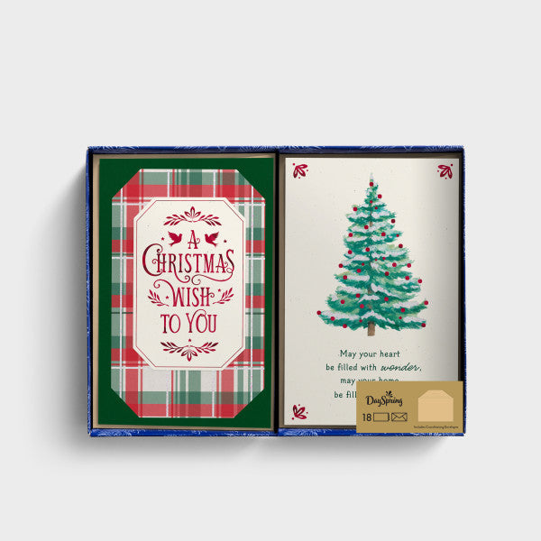 Christmas Boxed Cards: Plaid & Tree Assortment (18 cards/coloured envelopes, 9 each of 2 designs)