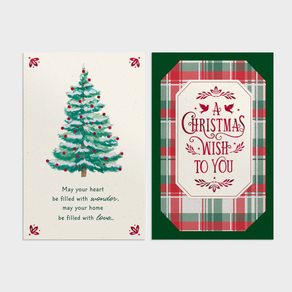 Christmas Boxed Cards: Plaid & Tree Assortment (18 cards/coloured envelopes, 9 each of 2 designs)