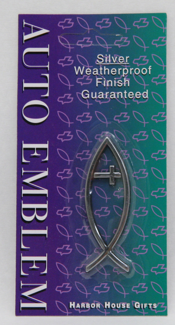 Auto Emblem Sticker: Silver Fish/Cross Small