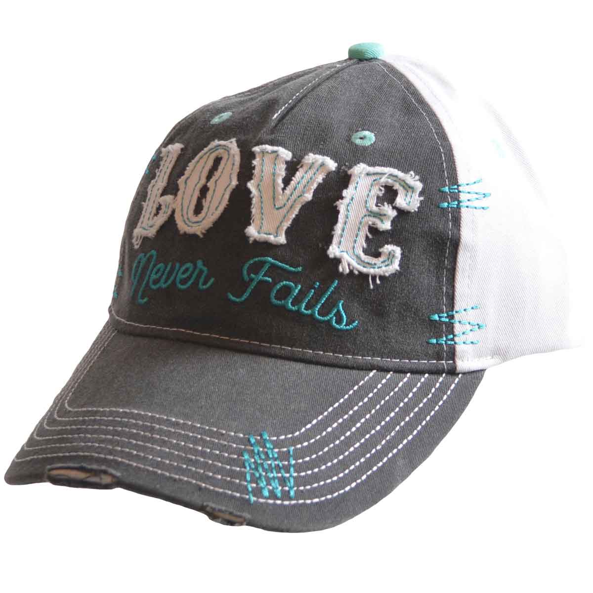 Cherished Girl Womens Cap: Love Never Fails, Grey/White