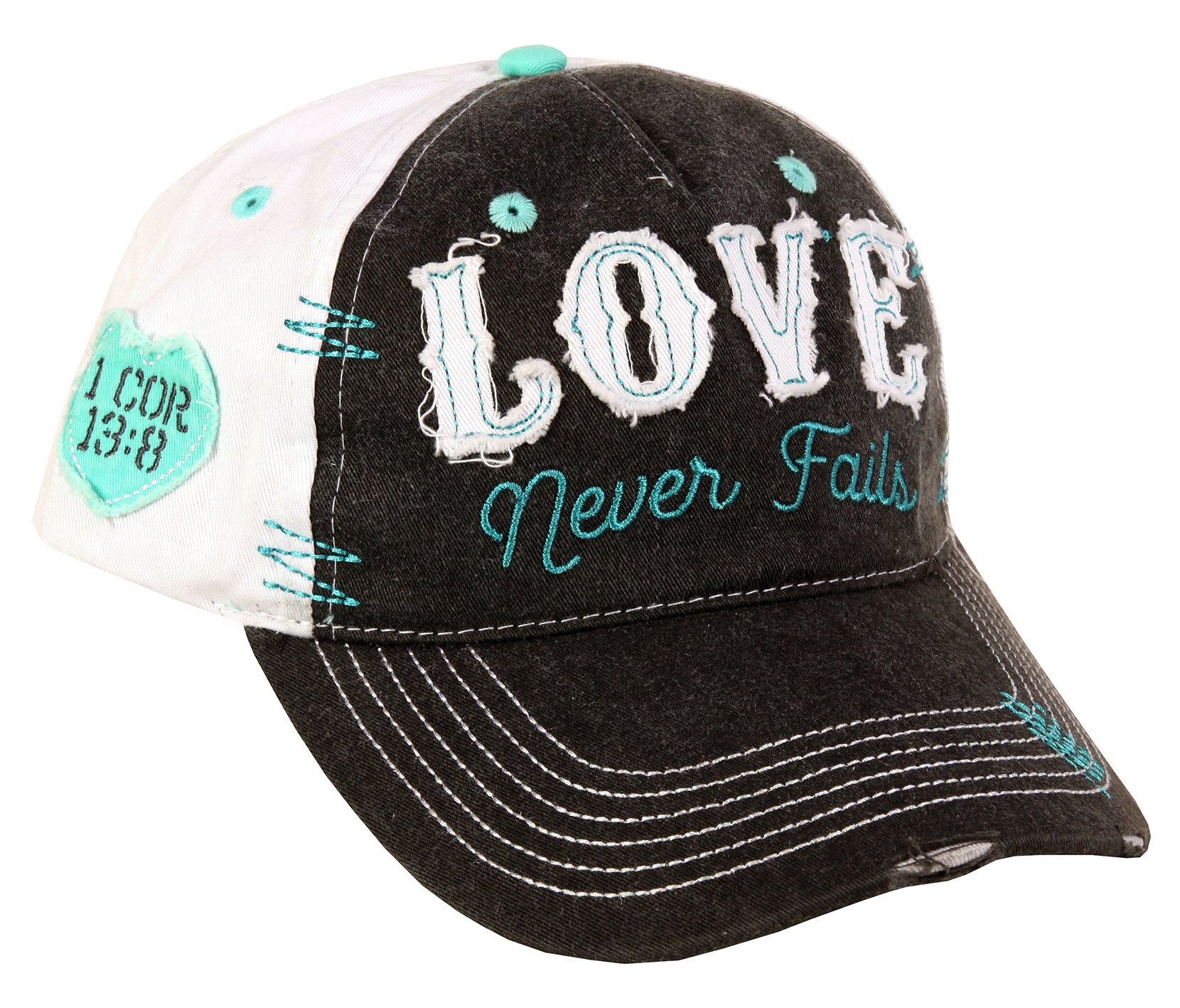 Cherished Girl Womens Cap: Love Never Fails, Grey/White