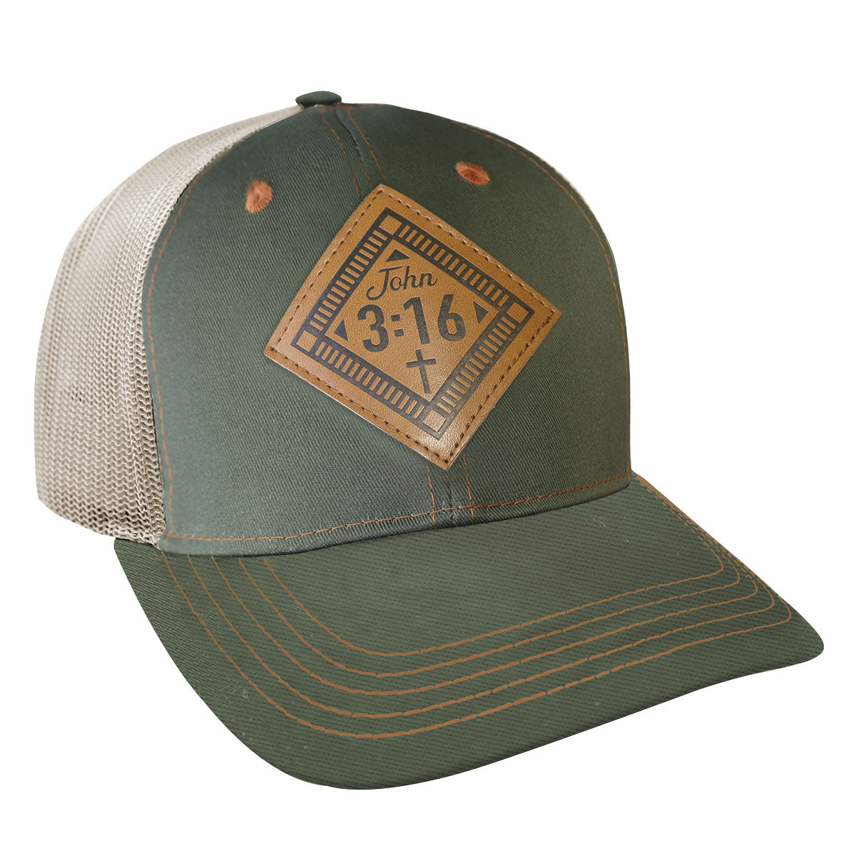 Cap: John 3:16 Leather, One Size Fits Most, Military Green/Tan