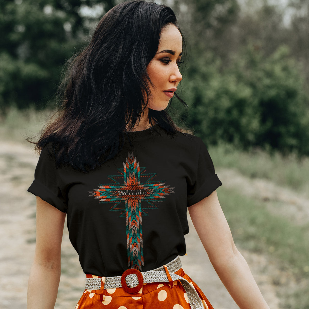 Grace & Truth Womens T-Shirt:  Southwestern Cross, Medium, Black