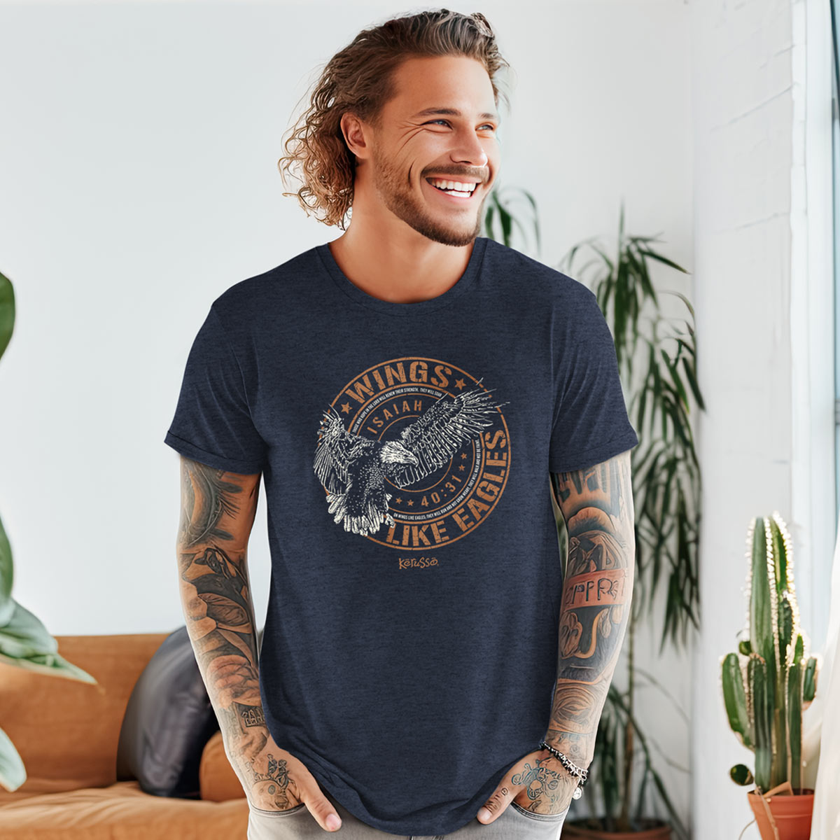 T-Shirt:  Wings Like Eagles Crest, X-Large, Denim Heather