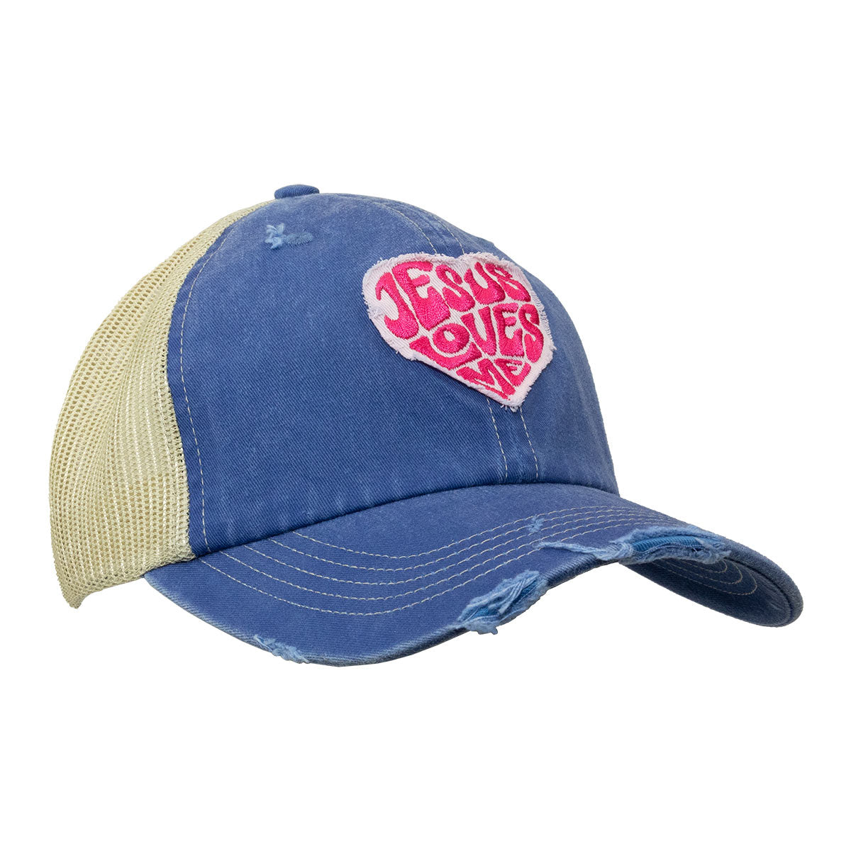 Cherished Girl Womens Cap: Jesus Loves Me Heart, Blue