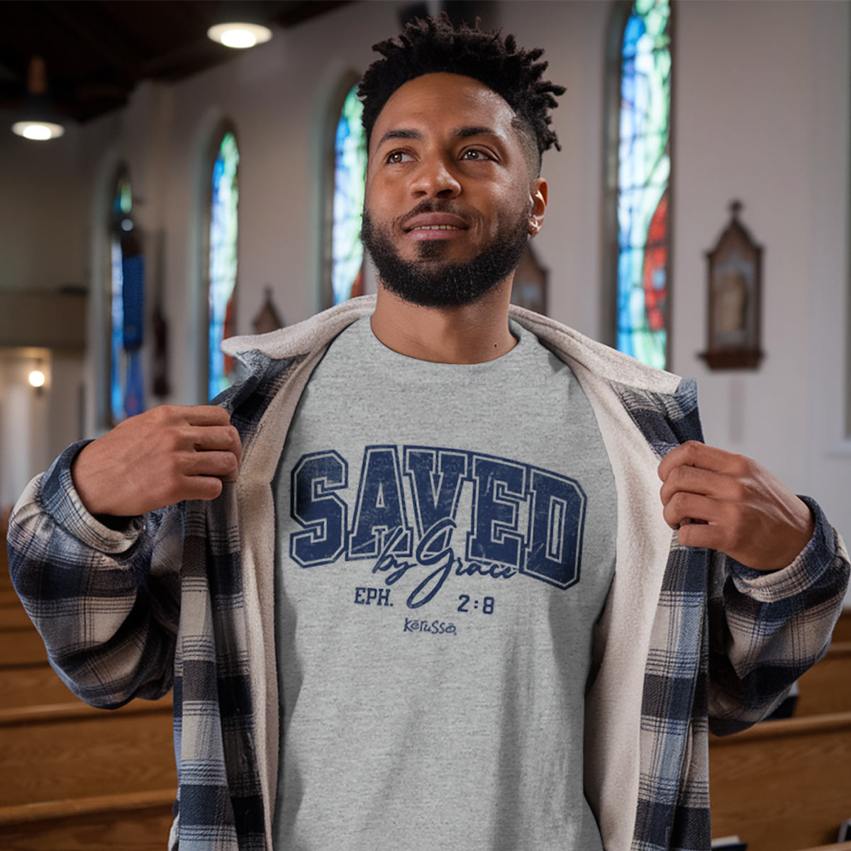 T-Shirt:  Saved By Grace, Medium, Ash