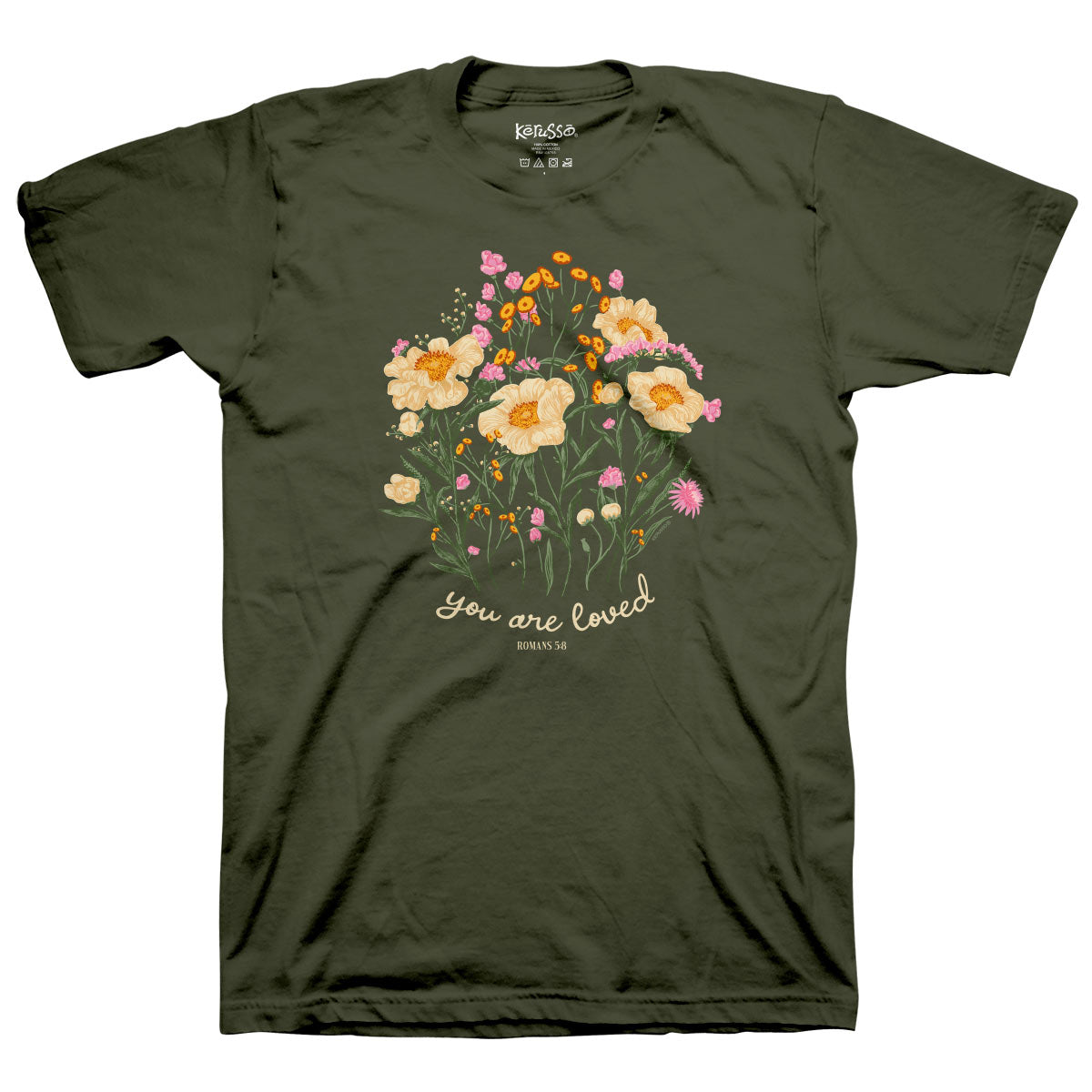 Womens T-Shirt:  You Are Loved Bouquet, Medium, Military Green