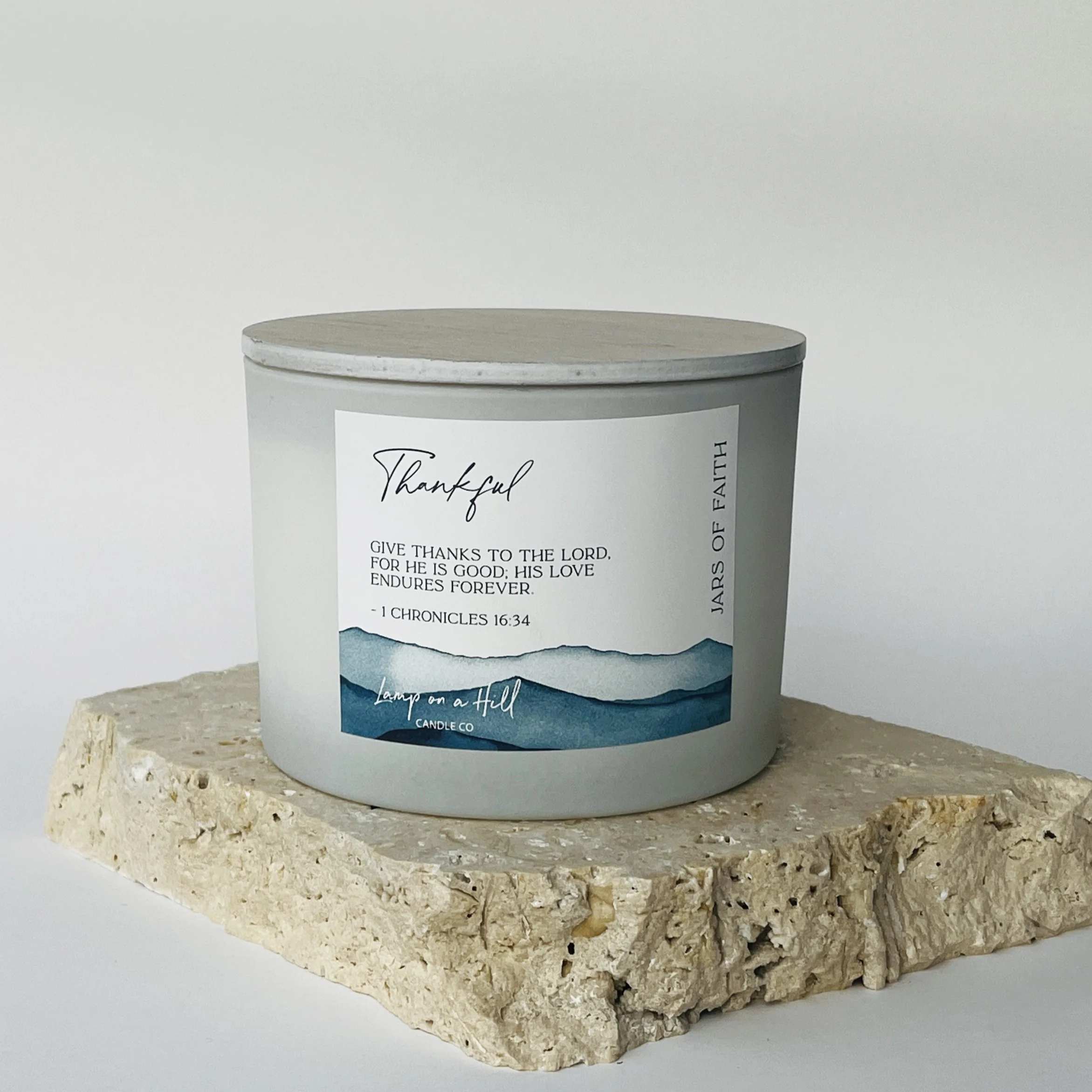 Soy Blend Candle (48 hours burn time, 330g): Jars of Faith, Thankful, 1 Chronicles 16:34, Blue, Fragrance Montego Bay
