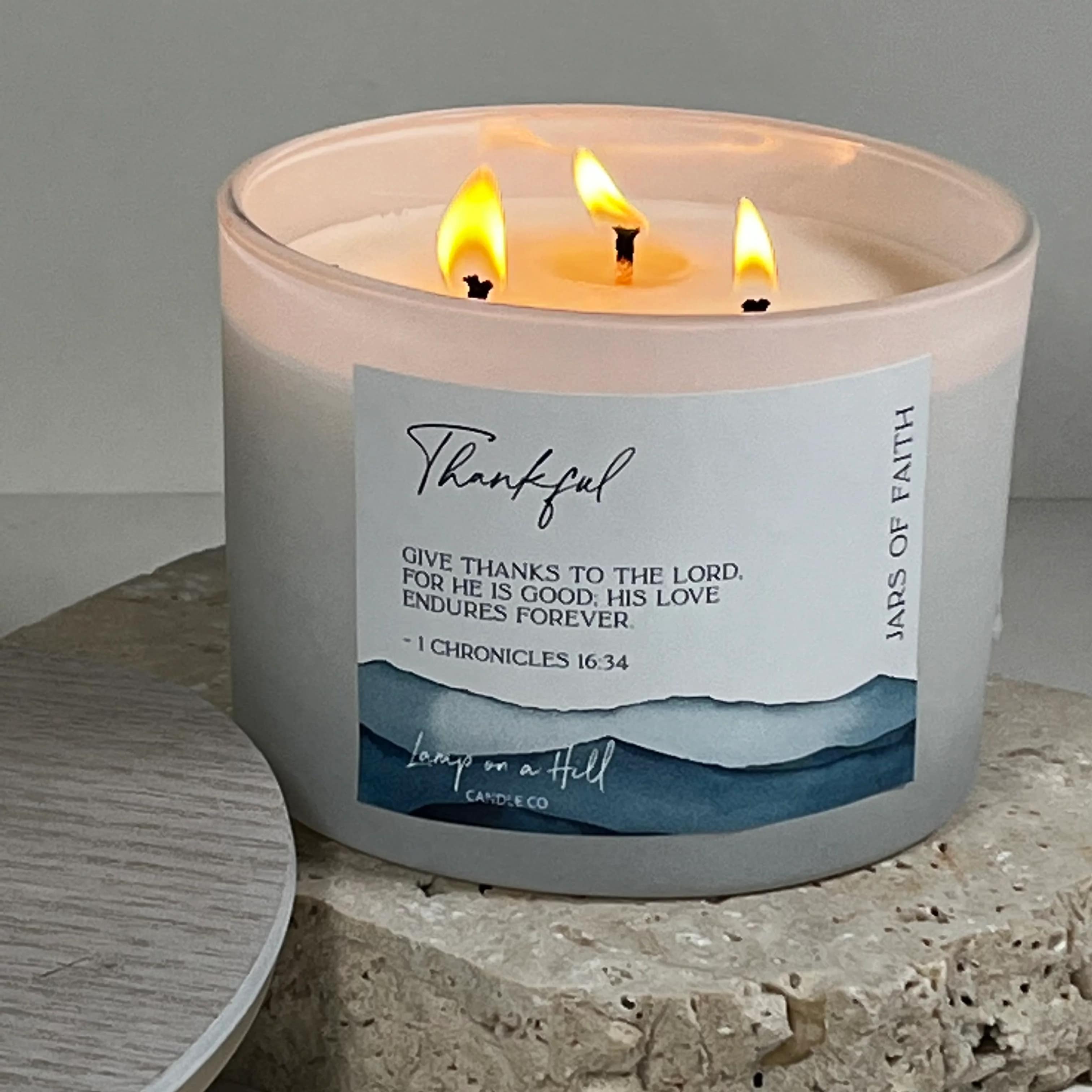 Soy Blend Candle (48 hours burn time, 330g): Jars of Faith, Thankful, 1 Chronicles 16:34, Blue, Fragrance Montego Bay
