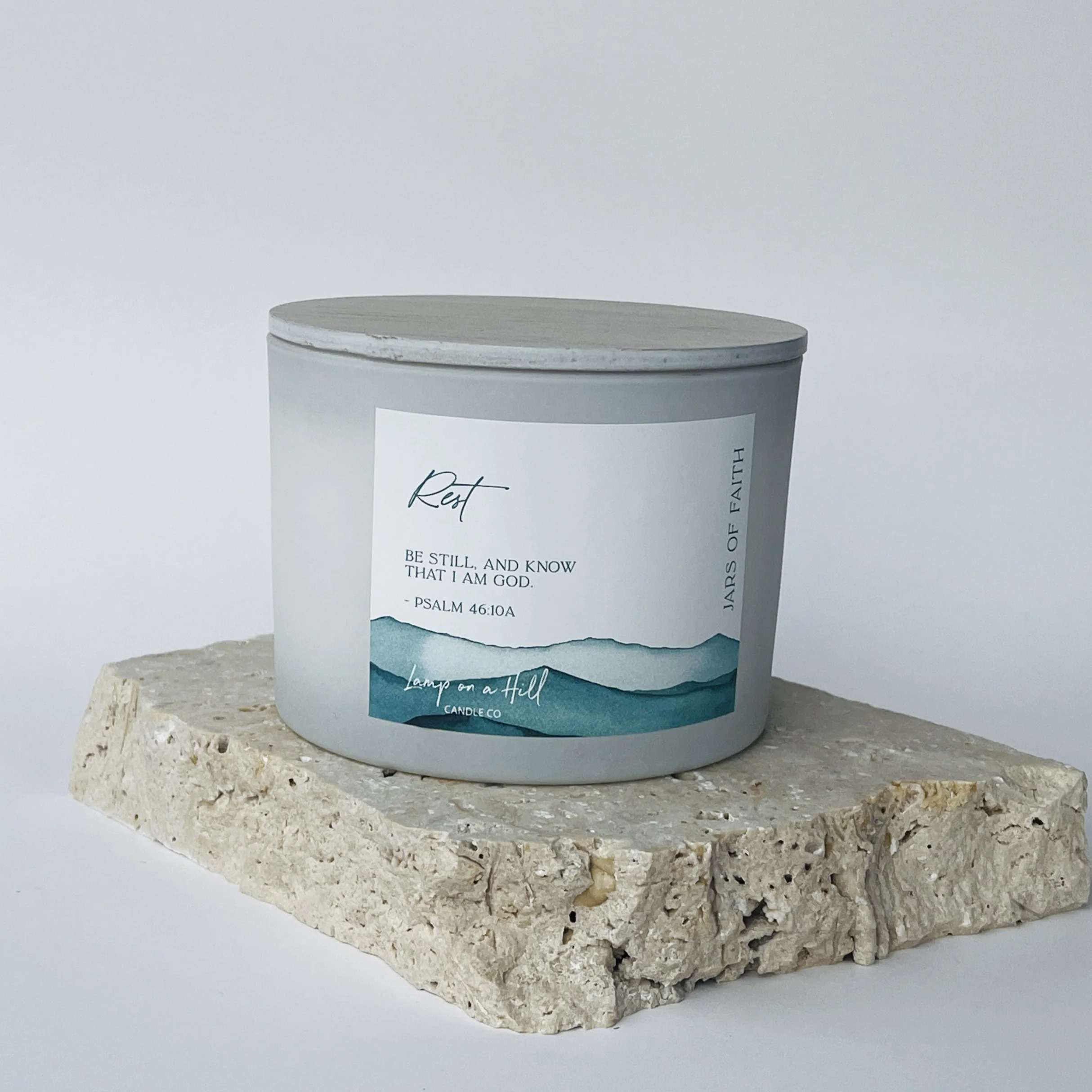 Soy Blend Candle (48 hours burn time, 330g): Jars of Faith, Rest, Psalm 46:10a, Teal, Fragrance English Pear & Freesia