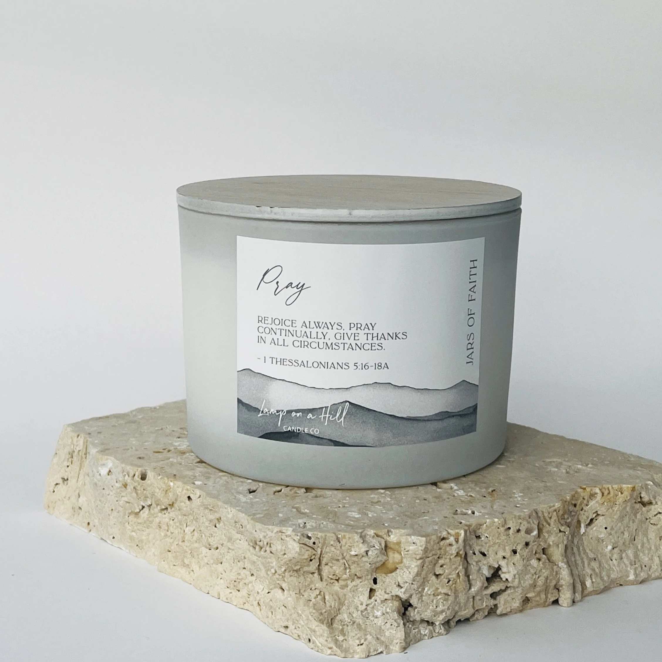 Soy Blend Candle (48 hours burn time, 330g): Jars of Faith, Pray, 1 Thess. 5:16-18a, Grey, Fragrance Vanilla