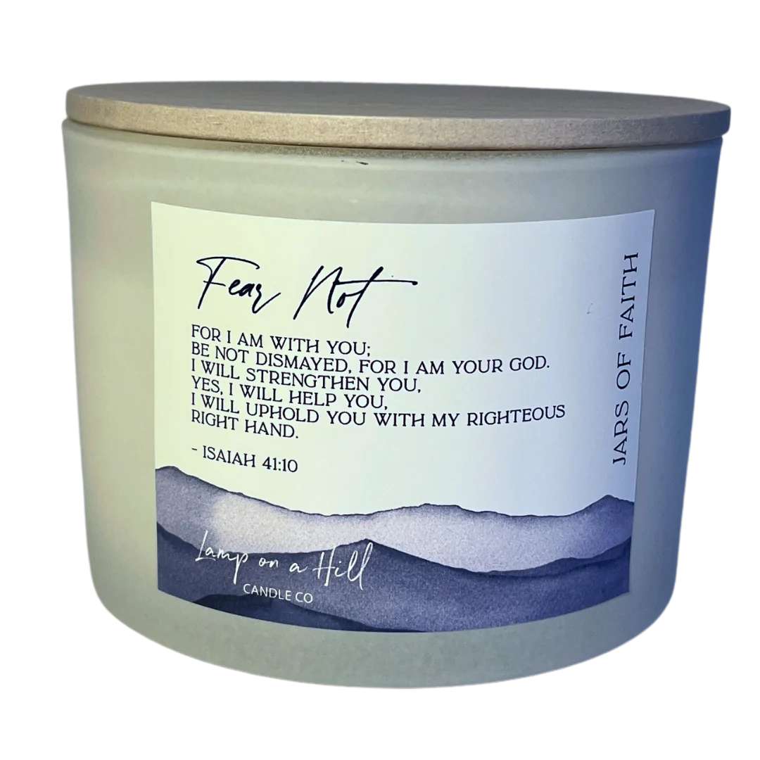 Soy Blend Candle (48 hours burn time, 330g): Jars of Faith, Fear Not, Isaiah 41:10, Violet Blue, Fragrance Peach Scent