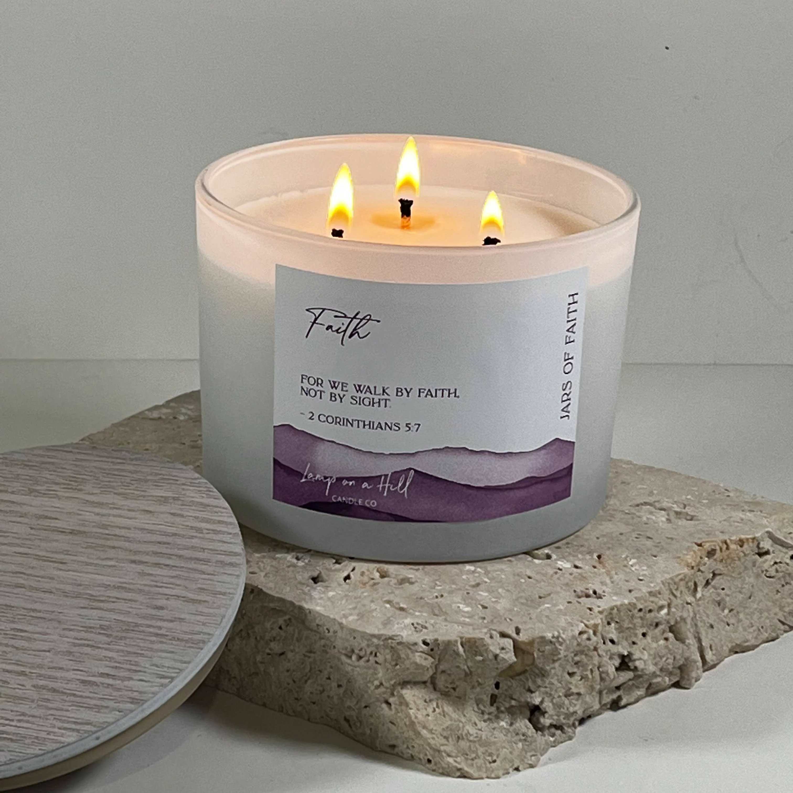 Soy Blend Candle (48 hours burn time, 330g): Jars of Faith, Faith, 2 Cor. 5:7, Violet, Fragrance Raspberry & Vanilla