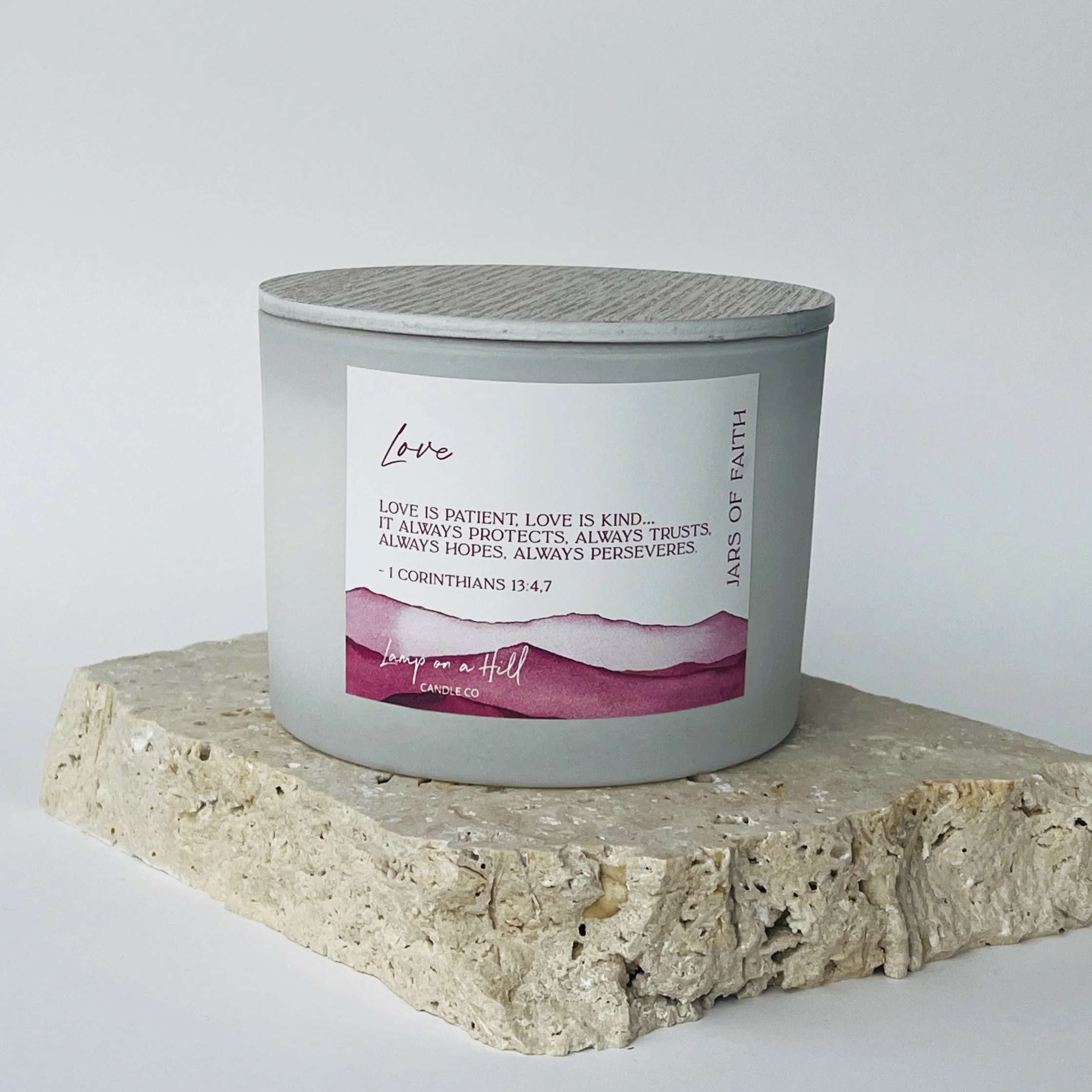 Soy Blend Candle (48 hours burn time, 330g): Jars of Faith, Love, 1 Cor. 13:4-7, Pink, Fragrance Champagne & Strawberries