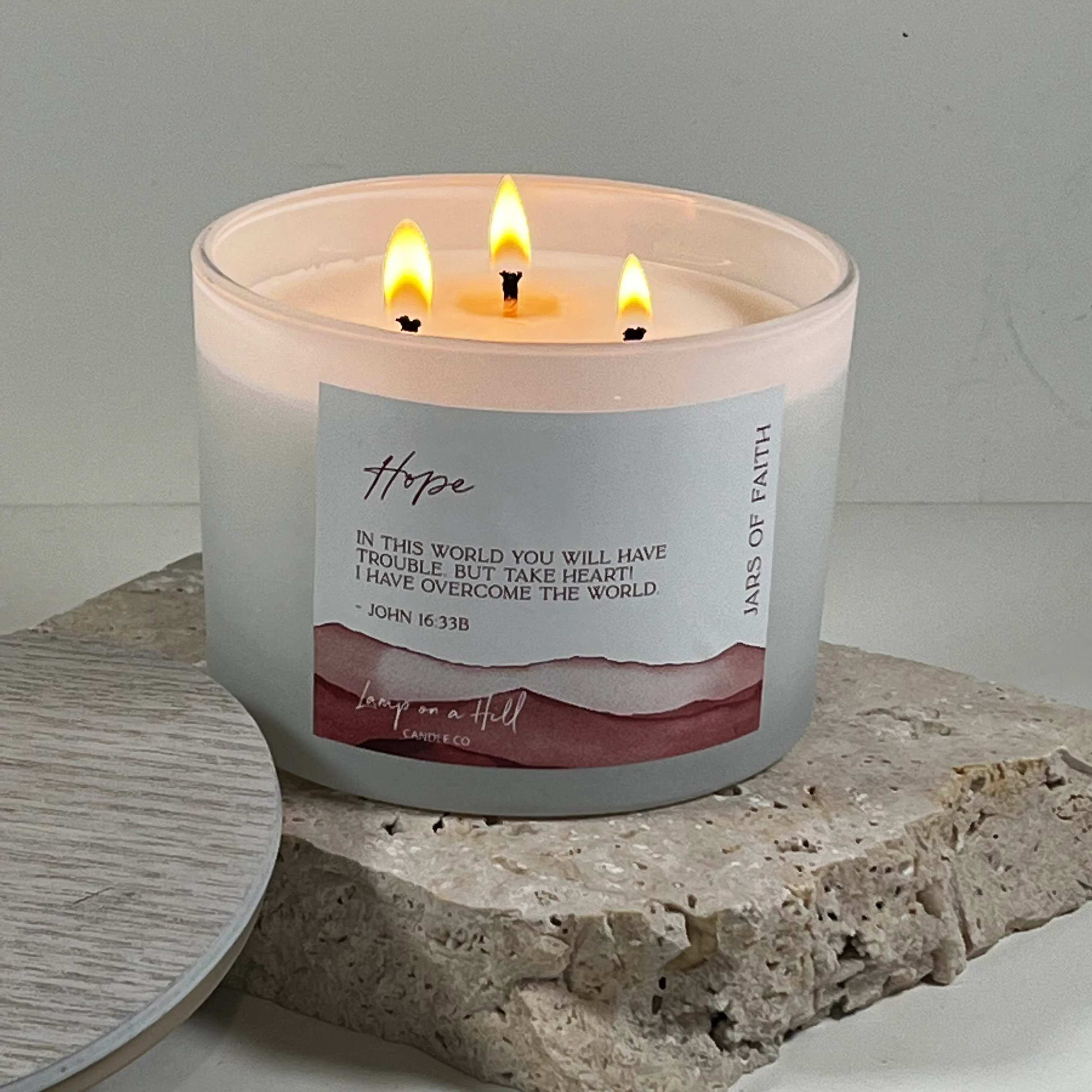 Soy Blend Candle (48 hours burn time, 330g): Jars of Faith, Hope, John 16:33b, Orange, Fragrance Lychee Peony