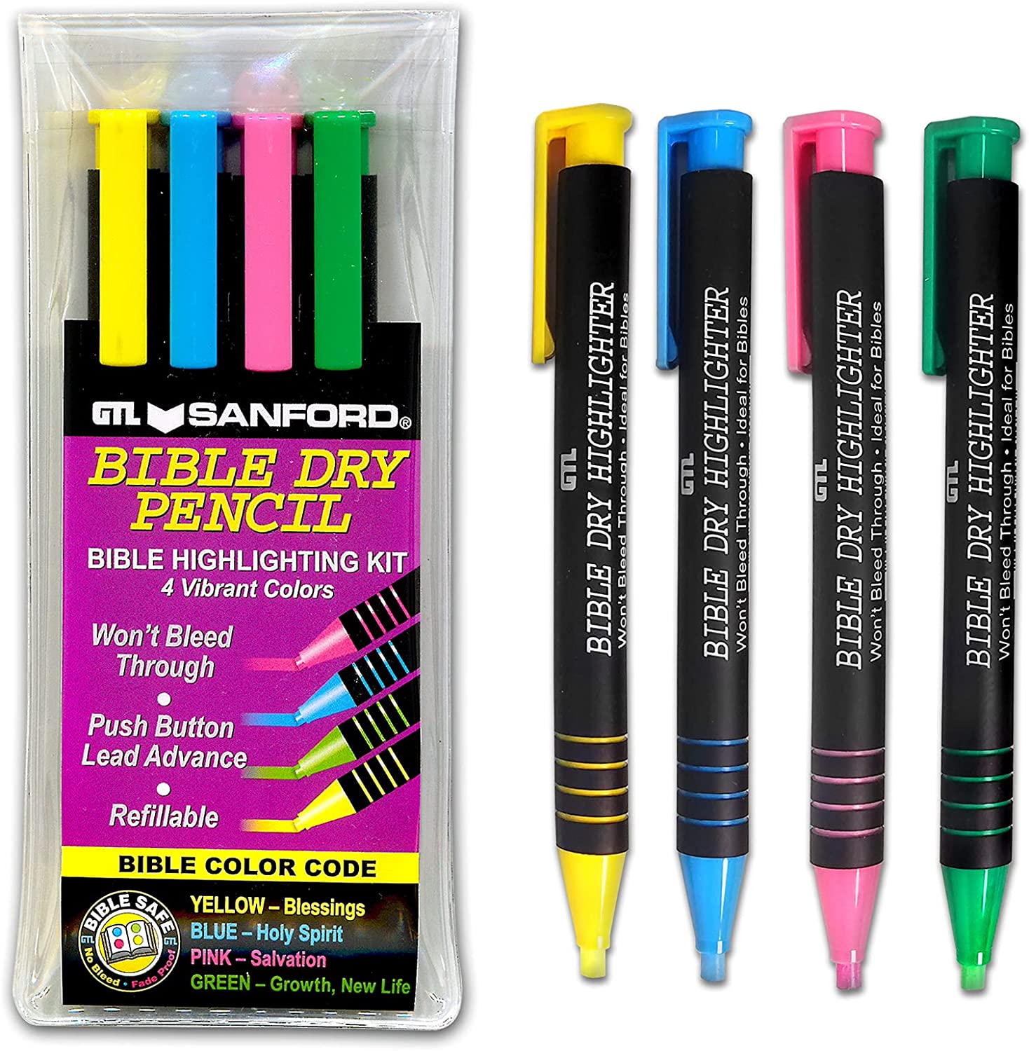 Bible Highlighting Kit: Dry Pencils 4 Colours Yellow Blue Pink & Green