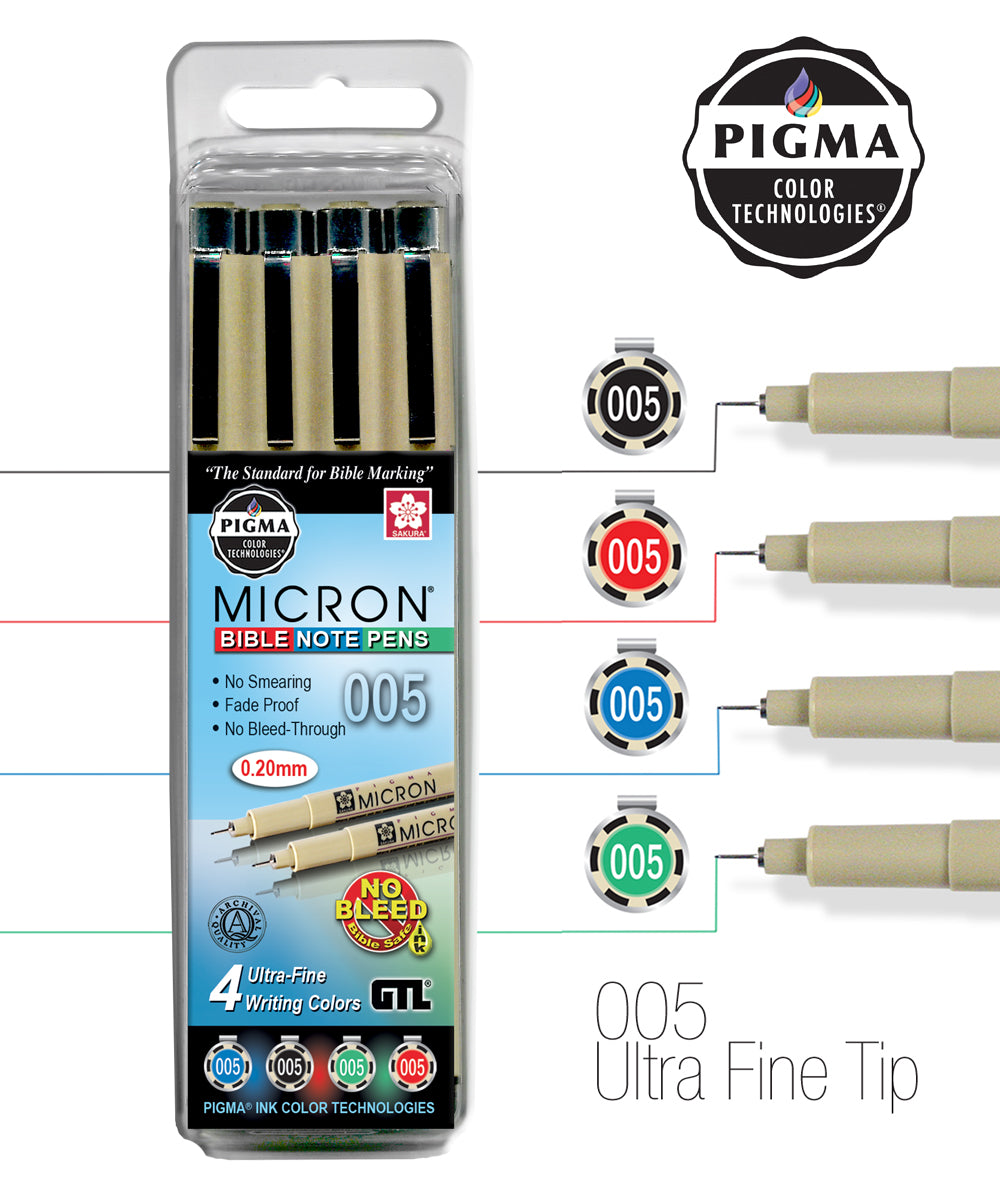 Pigma Micron Set of 4 Bible Note Pens:005 Ultra Fine, Black Red Blue & Green