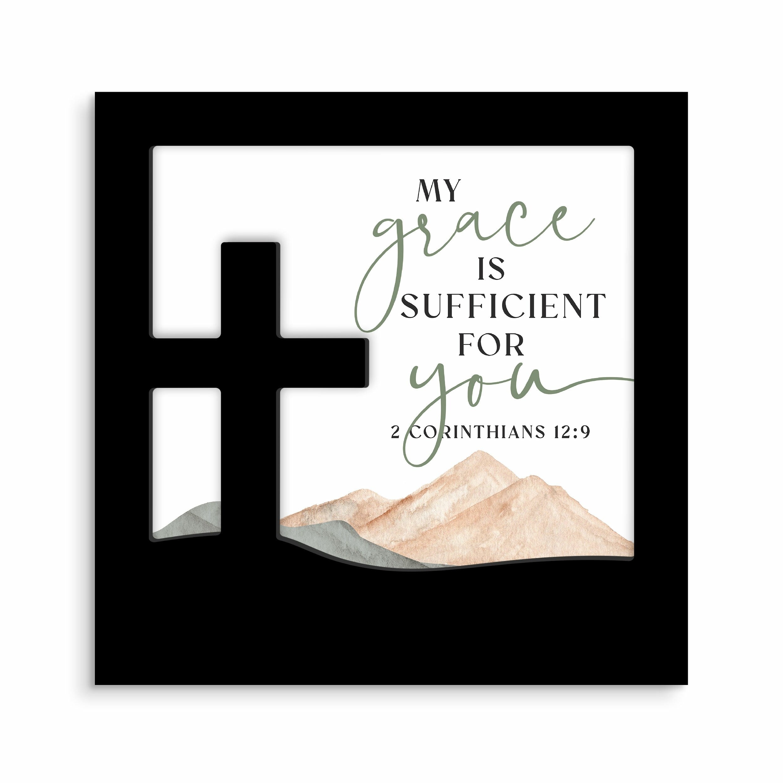 Wall Art, Mdf: My Grace is Sufficient For You, 2 Cor. 12:9, Cross and Mountains, Milled Hanger Hole