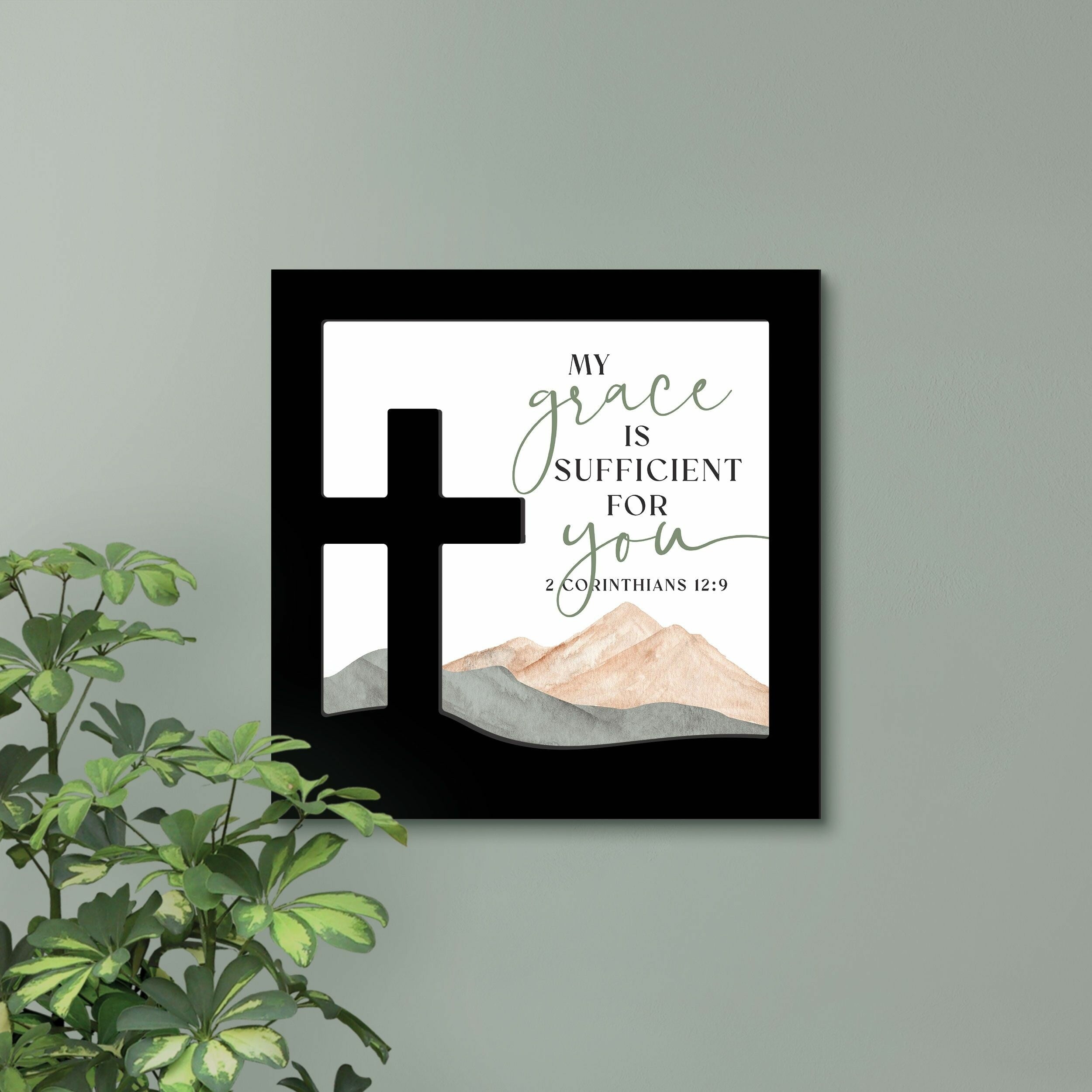 Wall Art, Mdf: My Grace is Sufficient For You, 2 Cor. 12:9, Cross and Mountains, Milled Hanger Hole