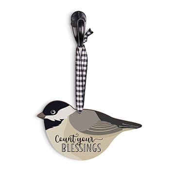 Hanging Bird Shaped Sign, Pine With Ribbon: Count Your Blessings, Black/White/Grey