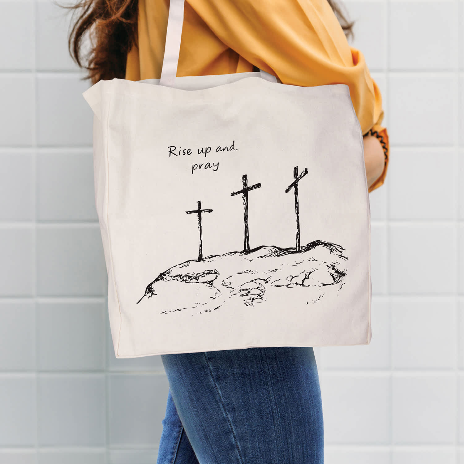 Reusable Tote Bag: Three Crosses, White Canvas