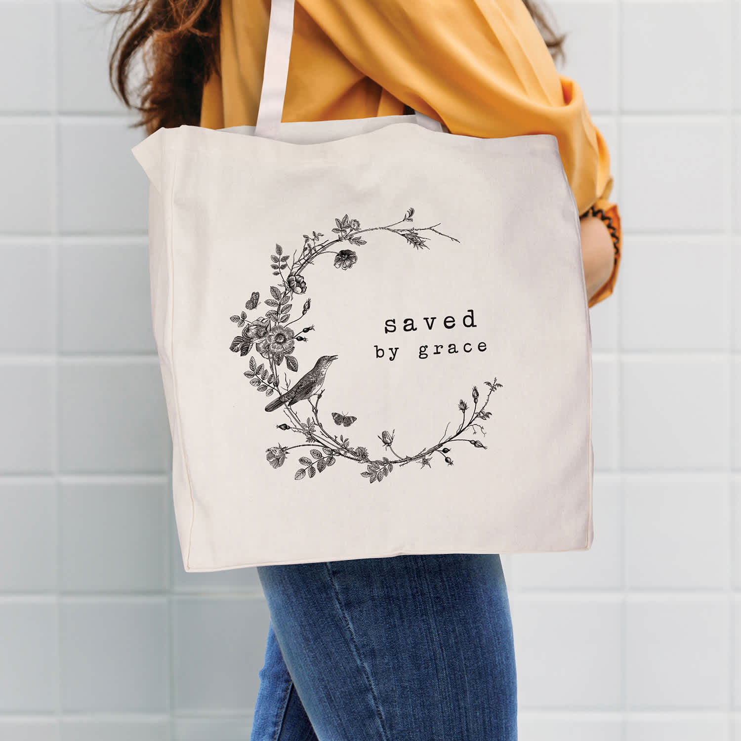 Reusable Tote Bag: Saved By Grace, White Canvas