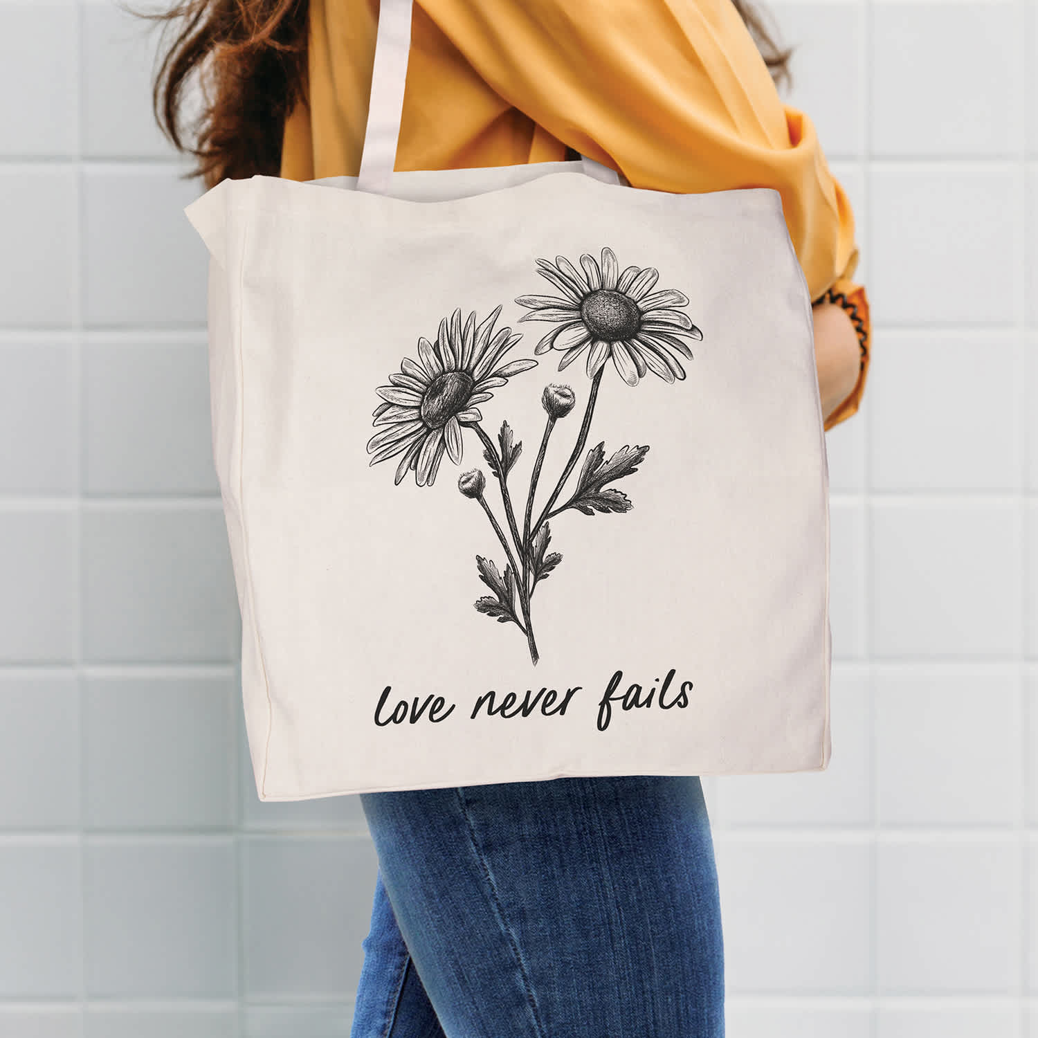 Reusable Tote Bag: Love Never Fails, White Canvas