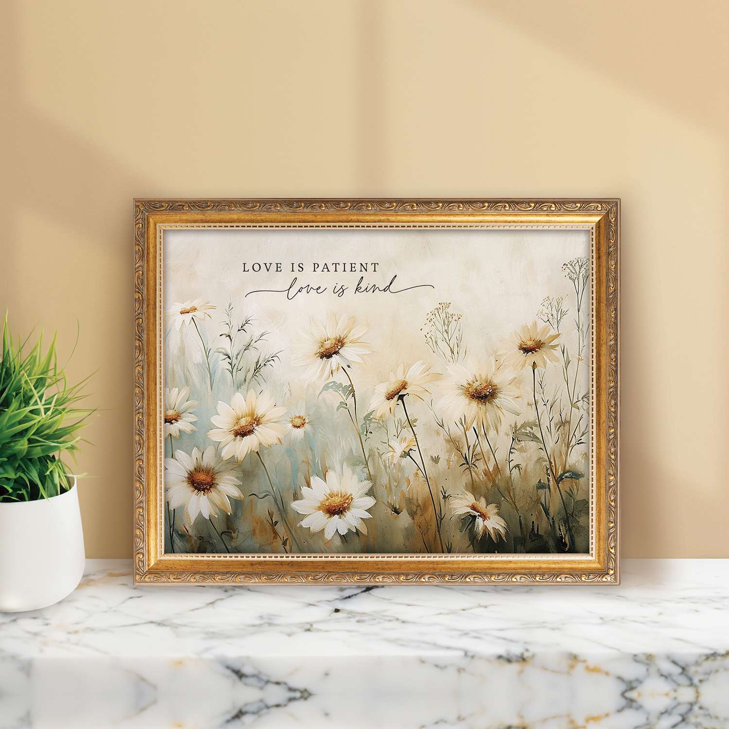 Framed Wall Art (Polystyrene, MDF, Linen): Love Is (Daisies)