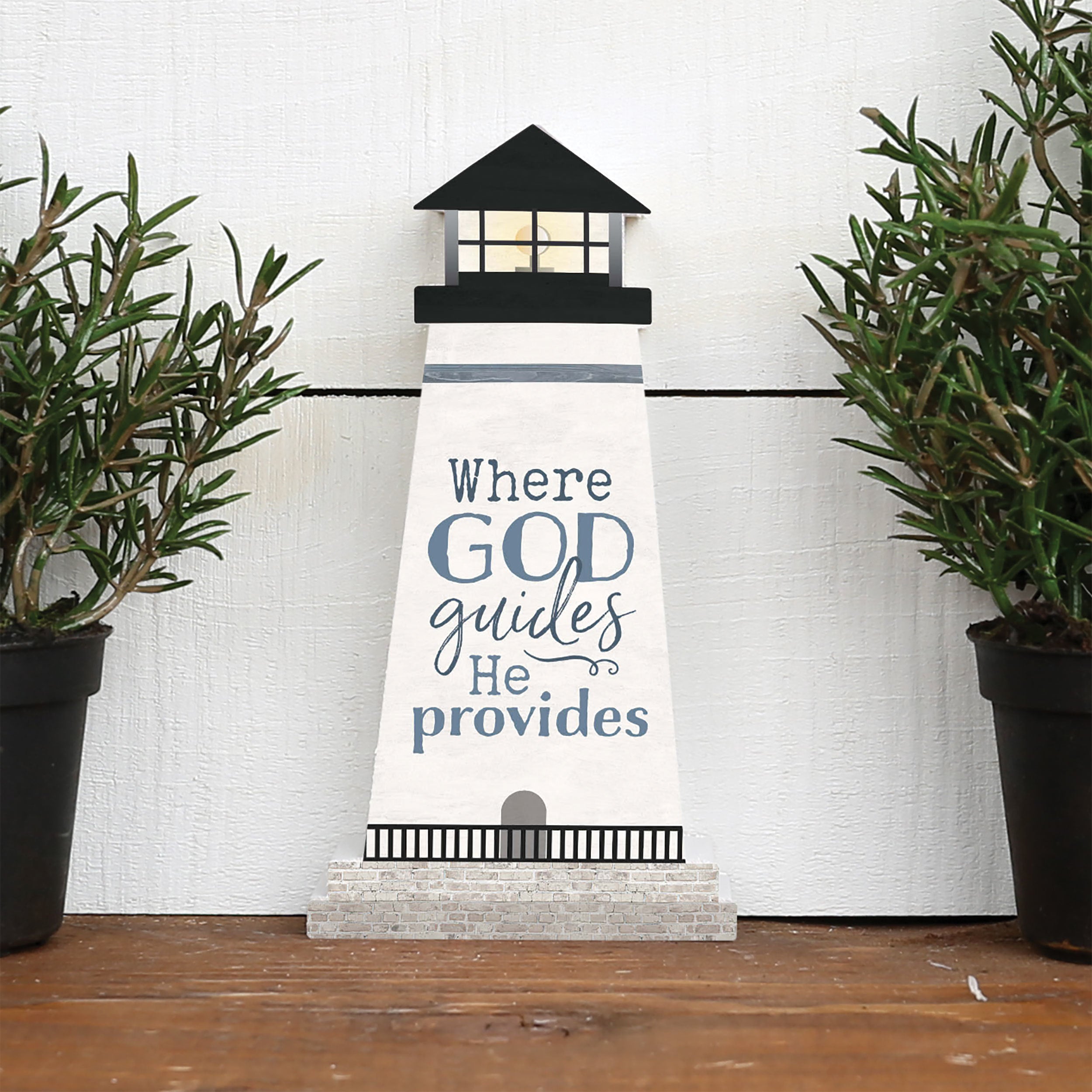 Tabletop Decor: Lighthouse Shape, Where God Guides He Provides (Pine)