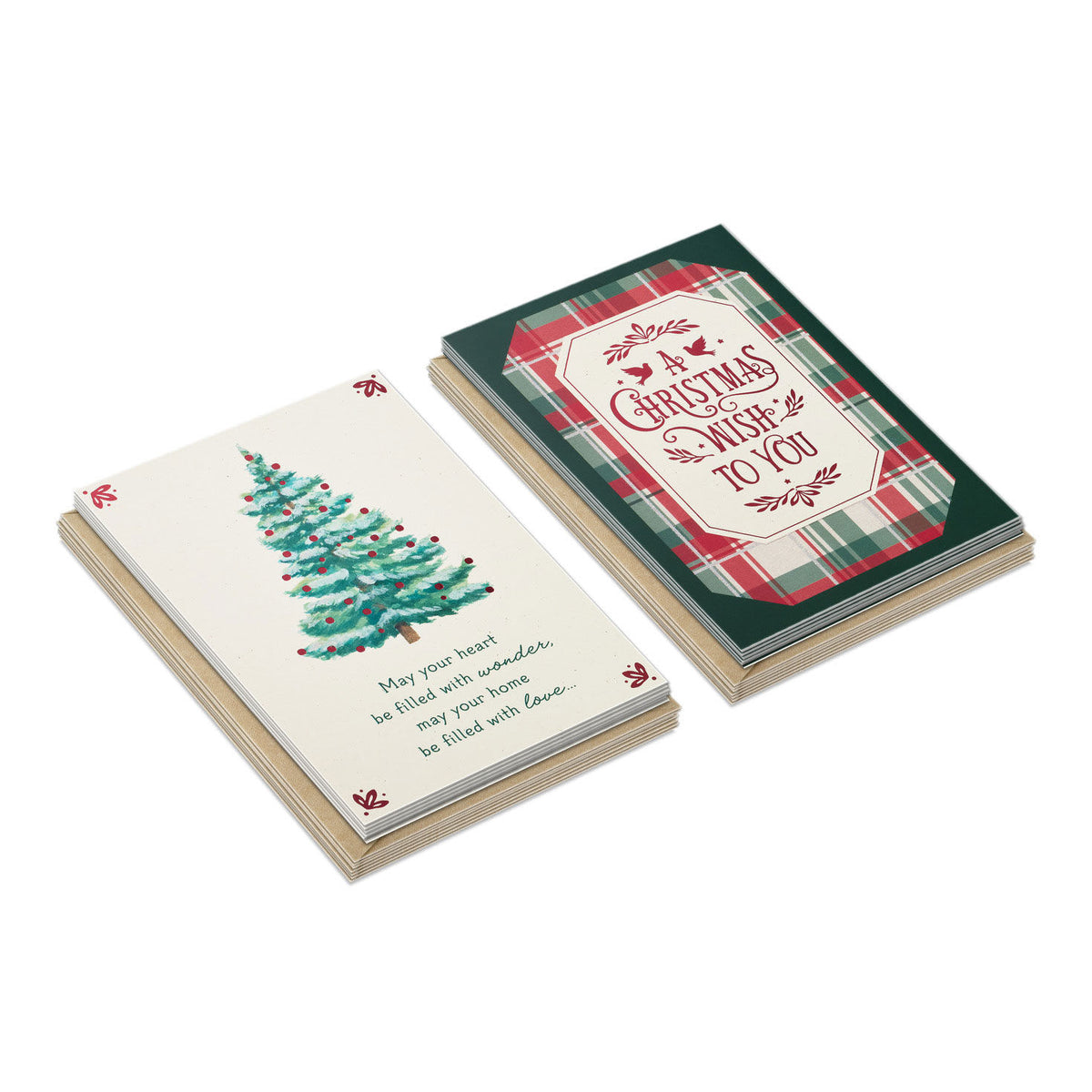 Christmas Boxed Cards: Plaid & Tree Assortment, 8 Each of 2 Designs, 16 Envelopes