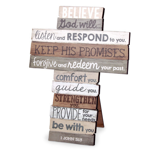 Stacked Wood Cross: Believe, Medium (1 John 5:13)