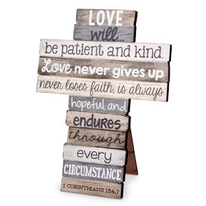 Stacked Wood Cross: Love, Medium (1 Cor 13:4-7)