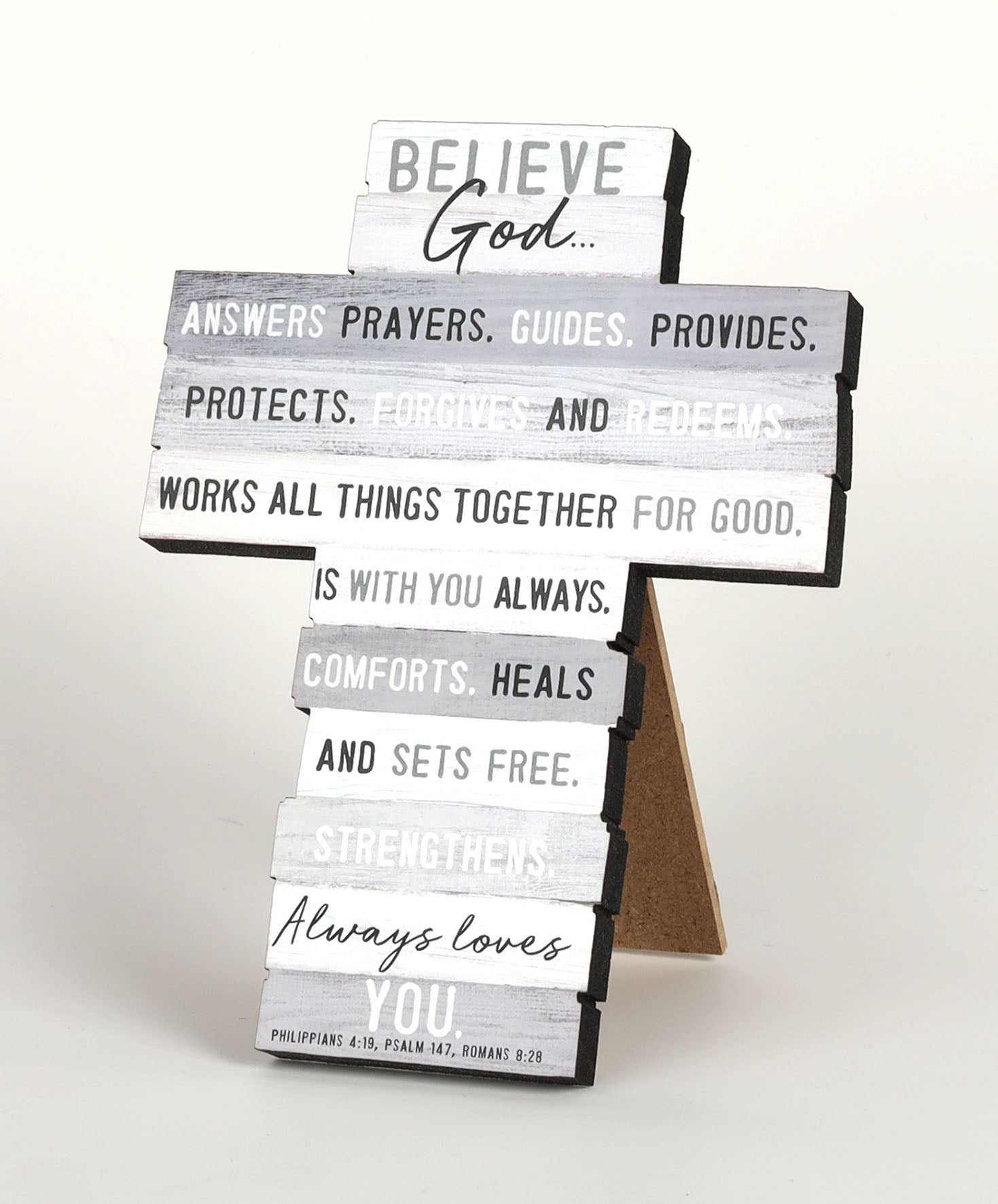Stacked Wood Cross: Believe, Mdf, Easel Back, Wall Hanging Option