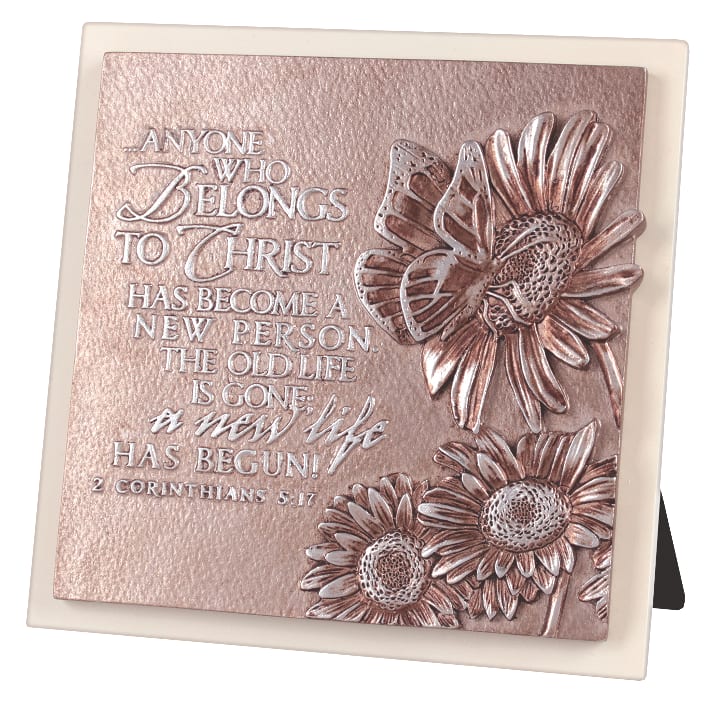 Tabletop Plaque: Butterfly, Moments of Faith Sculpture, Small Square Cast Stone, Mdf Base (2 Cor 5:17)