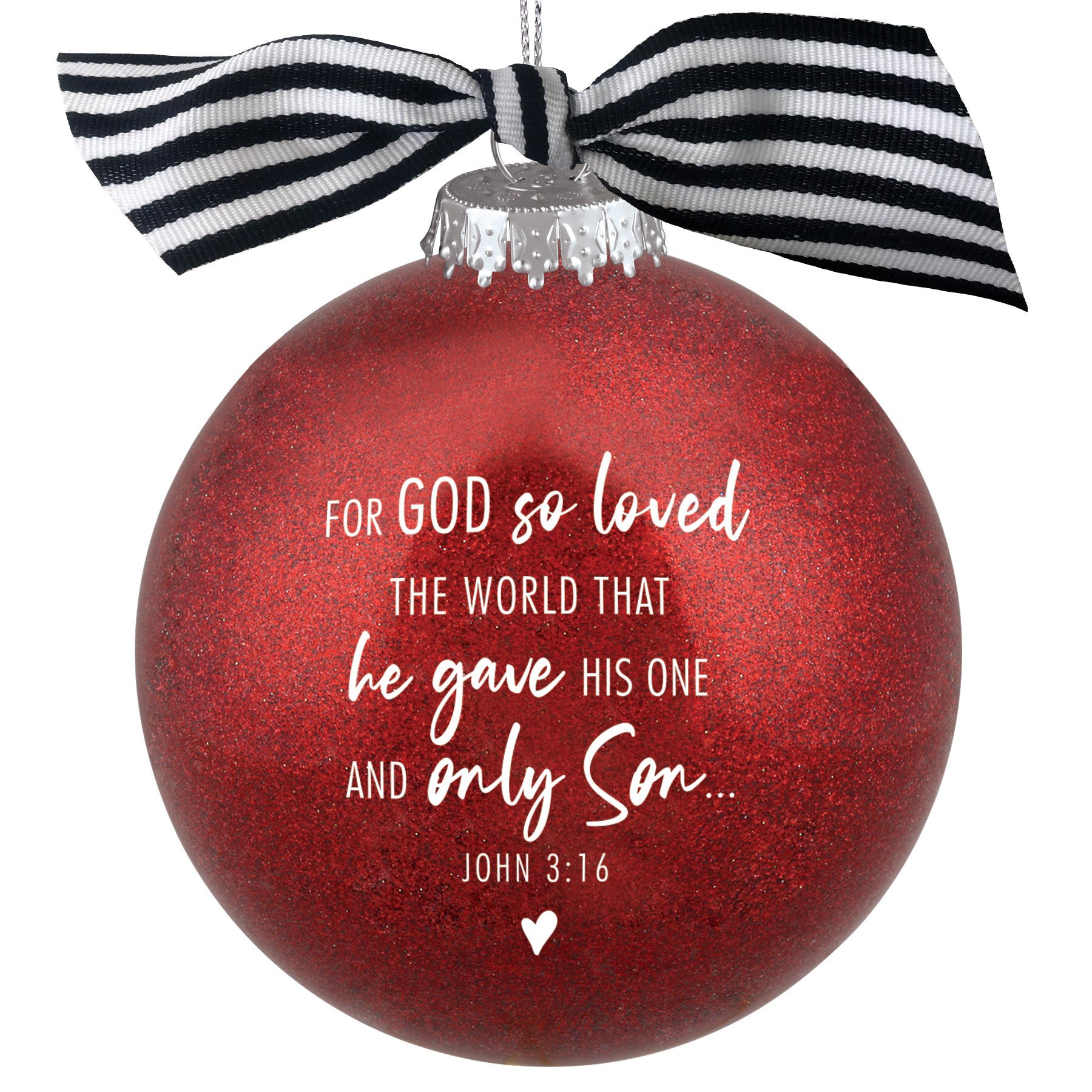 Christmas Glass Ornament: Love is the Spirit of Christmas, Red Glitter Bauble (John 3:16)