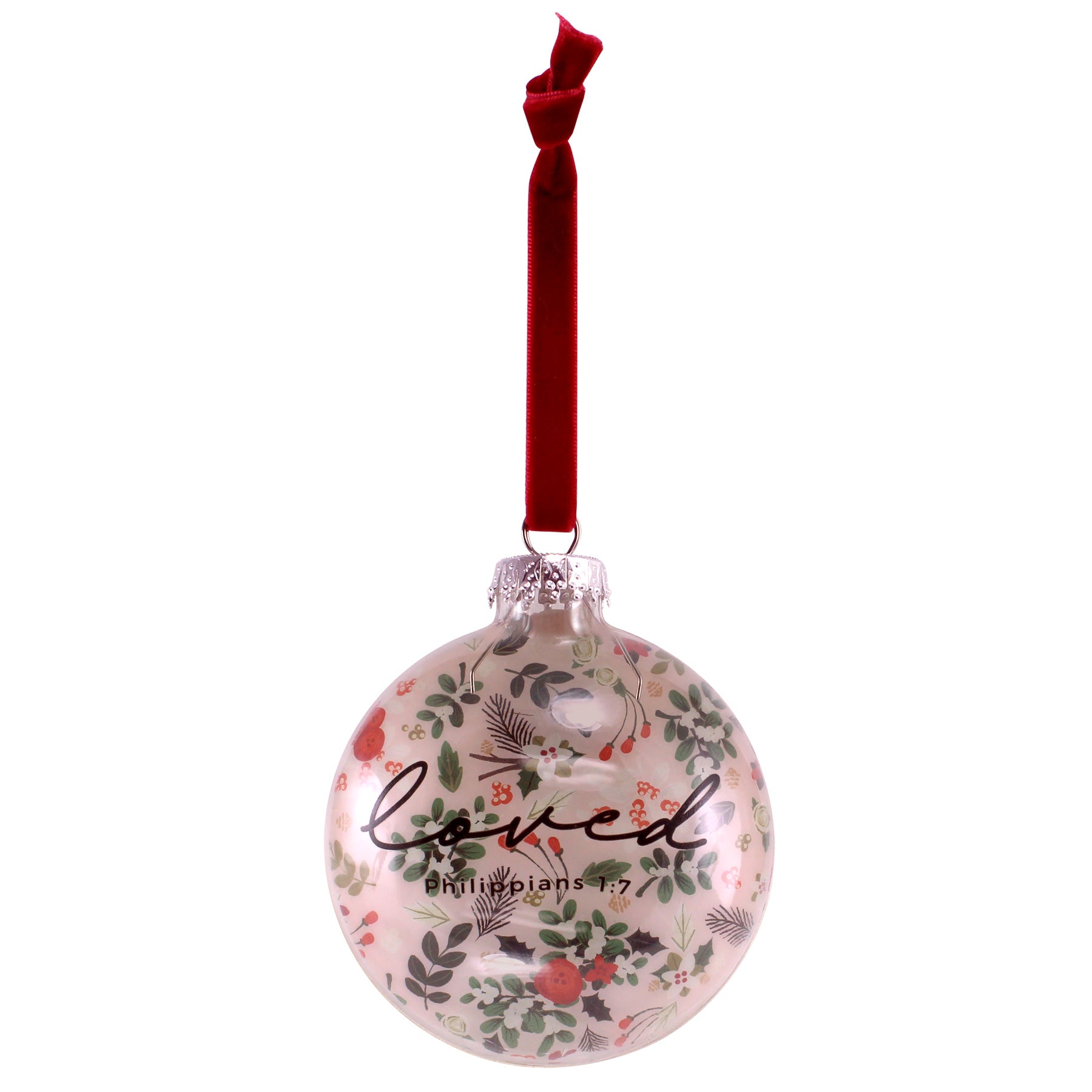 Christmas Ornament (Hand-blown Glass):  Loved, Floral (Philippians 1:7), Comes in a clear gift box