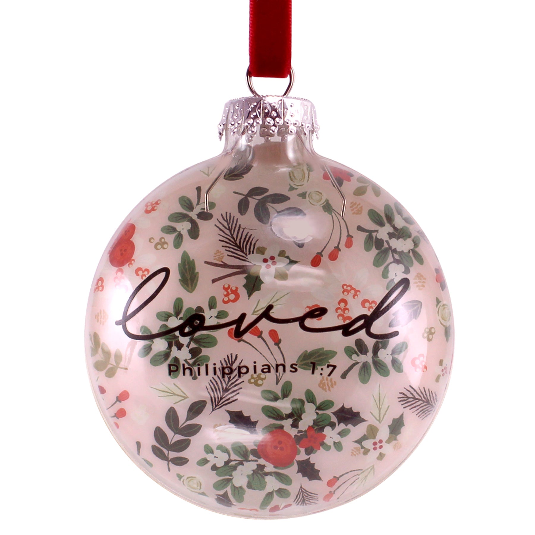 Christmas Ornament (Hand-blown Glass):  Loved, Floral (Philippians 1:7), Comes in a clear gift box