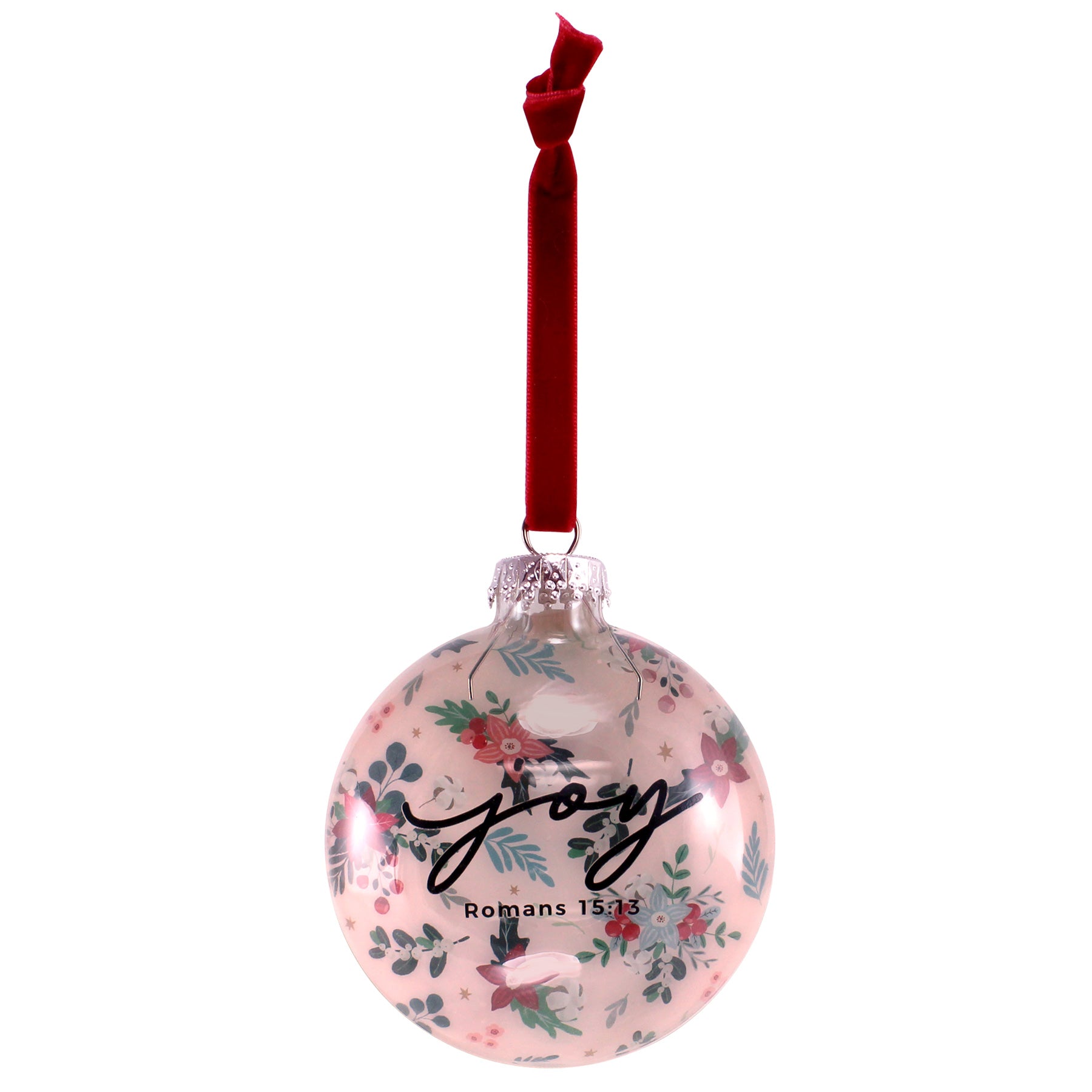 Christmas Ornament (Hand-blown Glass):  Joy, Floral (Romans 15:13), Comes in a clear gift box