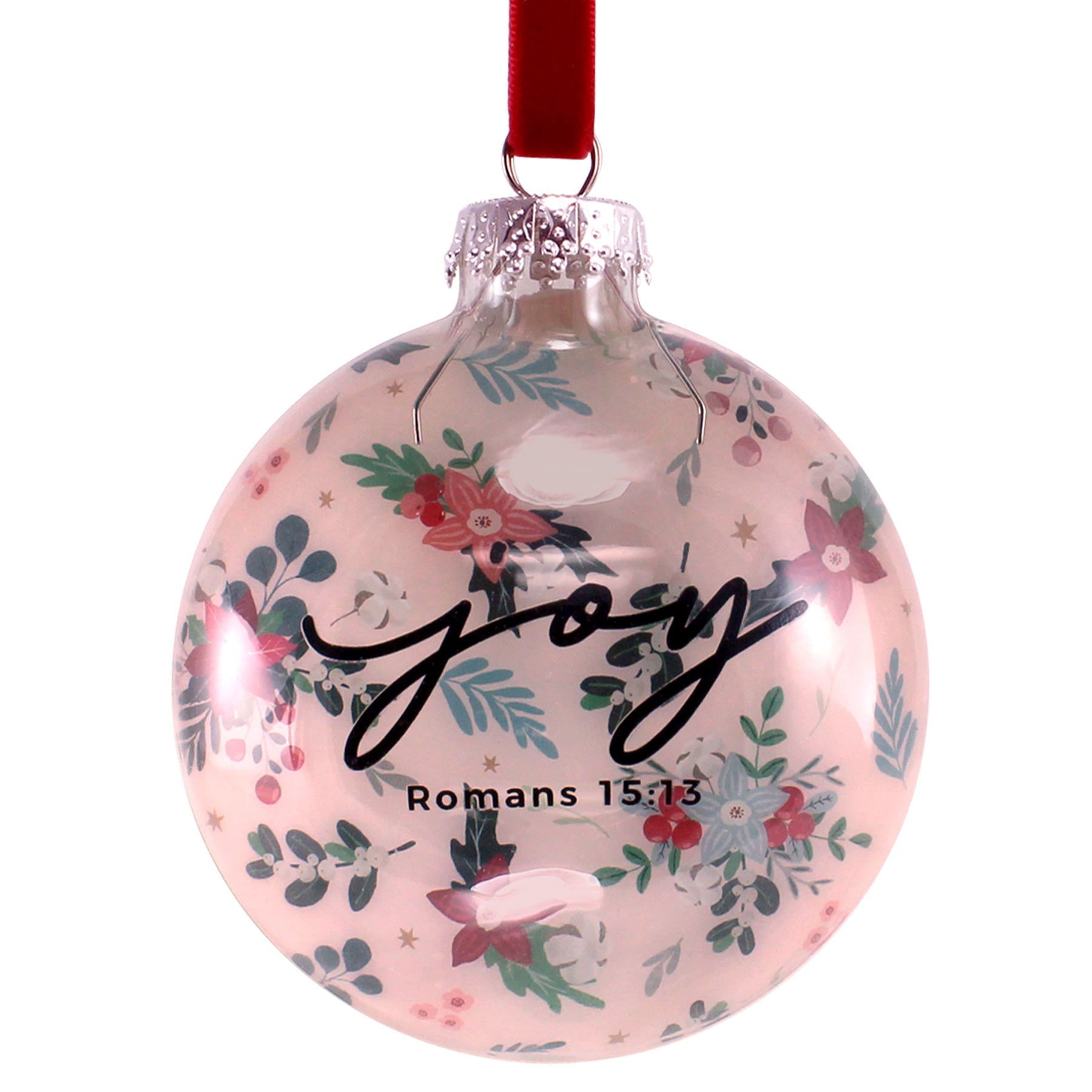 Christmas Ornament (Hand-blown Glass):  Joy, Floral (Romans 15:13), Comes in a clear gift box