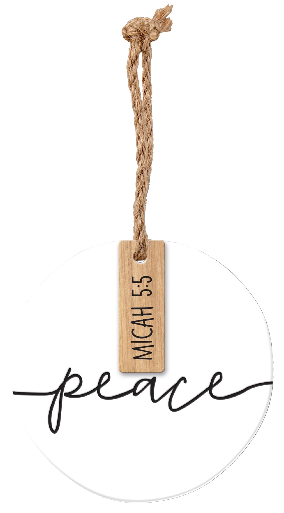 Christmas Ornament, Ceramic/Wood: Simply Christmas With Wood Tag, Peace (Micah 5:5)