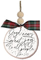 Christmas Ornament: Log Slice With Bead, Good News of Great Joy, Plaid Ribbon (Luke 2:10)