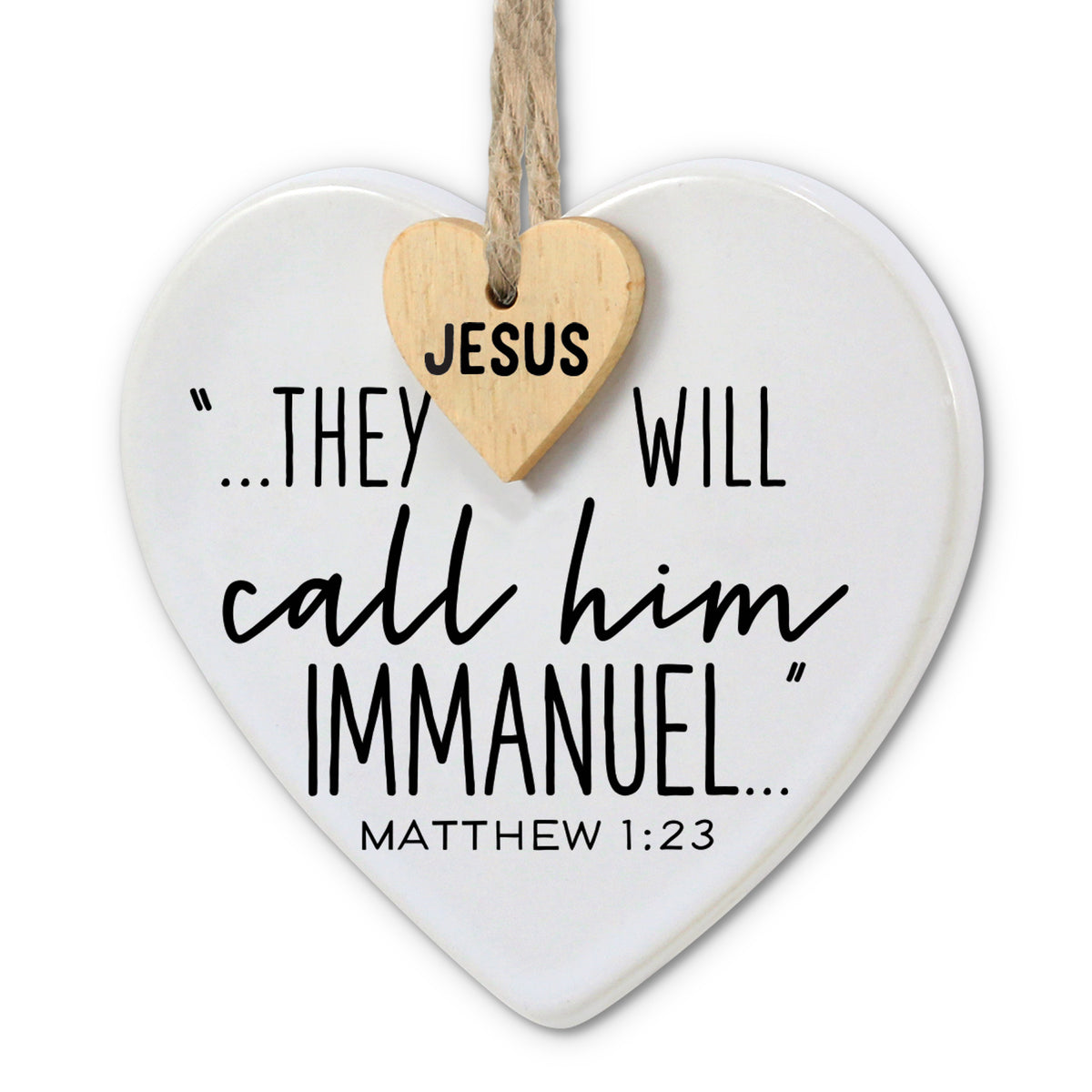 Christmas Heart Shape Ceramic Ornament With Wooden Tag: Jesus