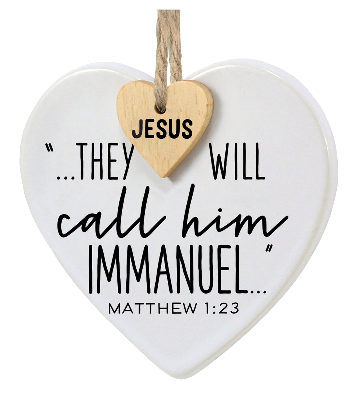 Christmas Heart Shape Ceramic Ornament With Wooden Tag: Jesus