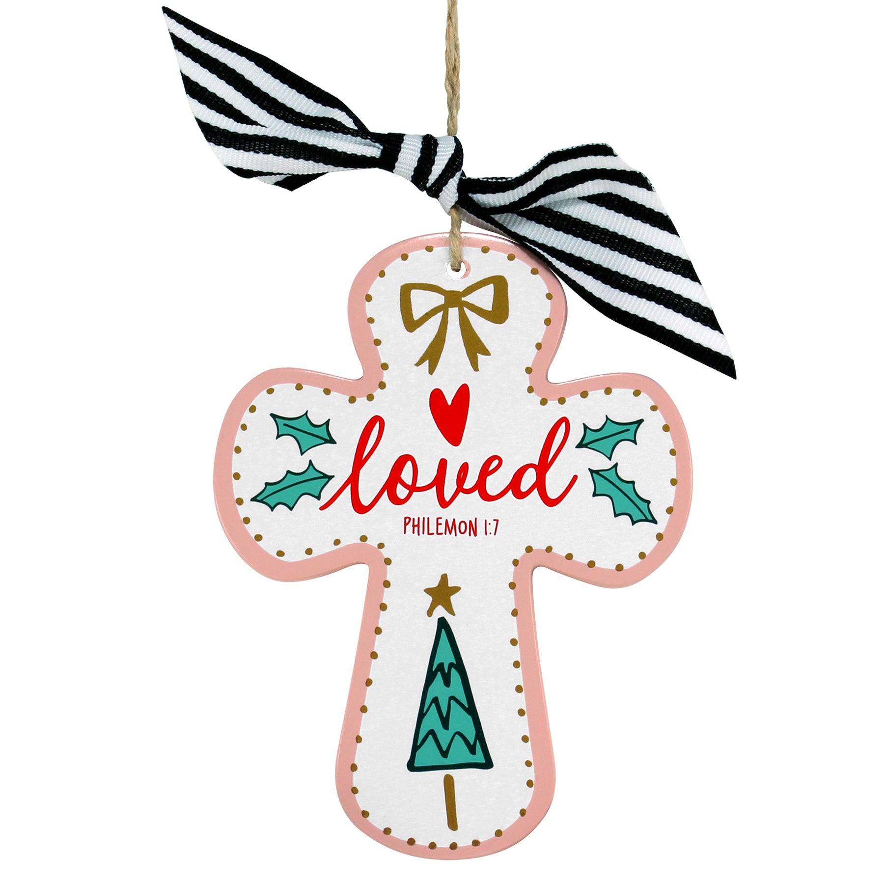 Christmas Ornament (Resin): Cross, Merry and Bright, Loved (Philemon 1:7)