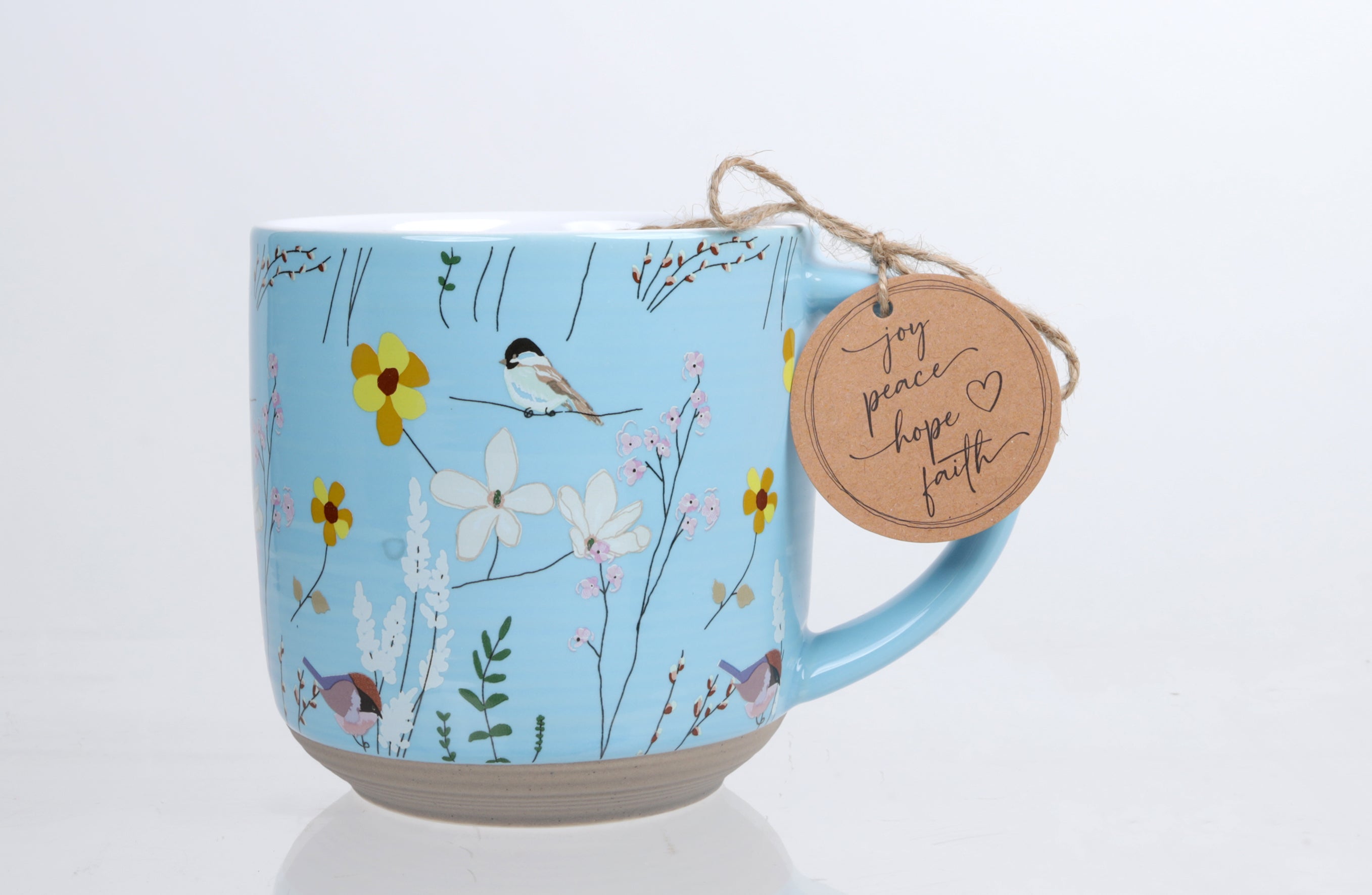 Ceramic Mug (532ml): Spring Garden, Sweet Friend (proverbs 27:9) light blue flowers/birds
